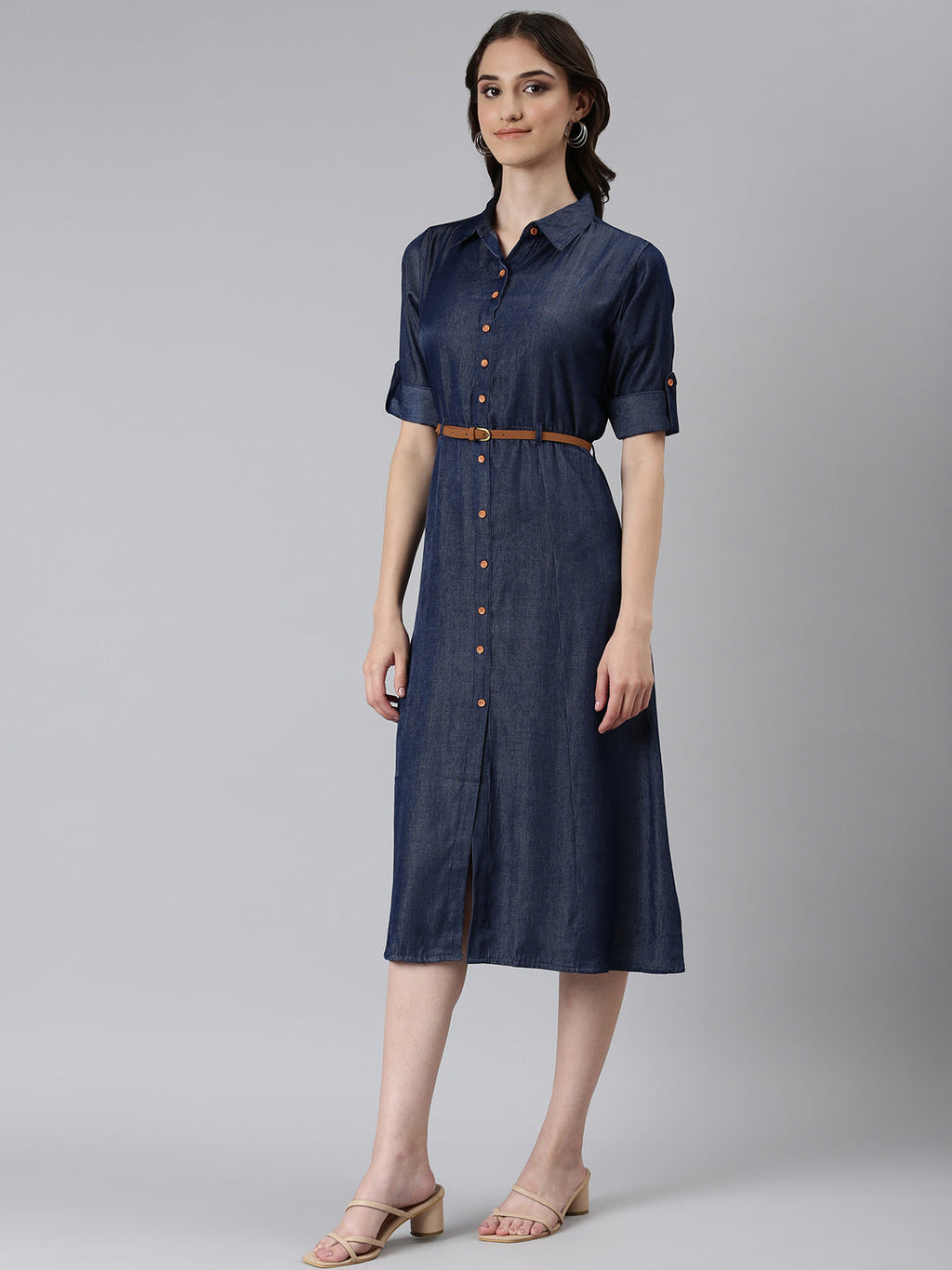 Women's Navy Blue Shirt Collar Roll-Up Sleeves Shirt Dress With Belt