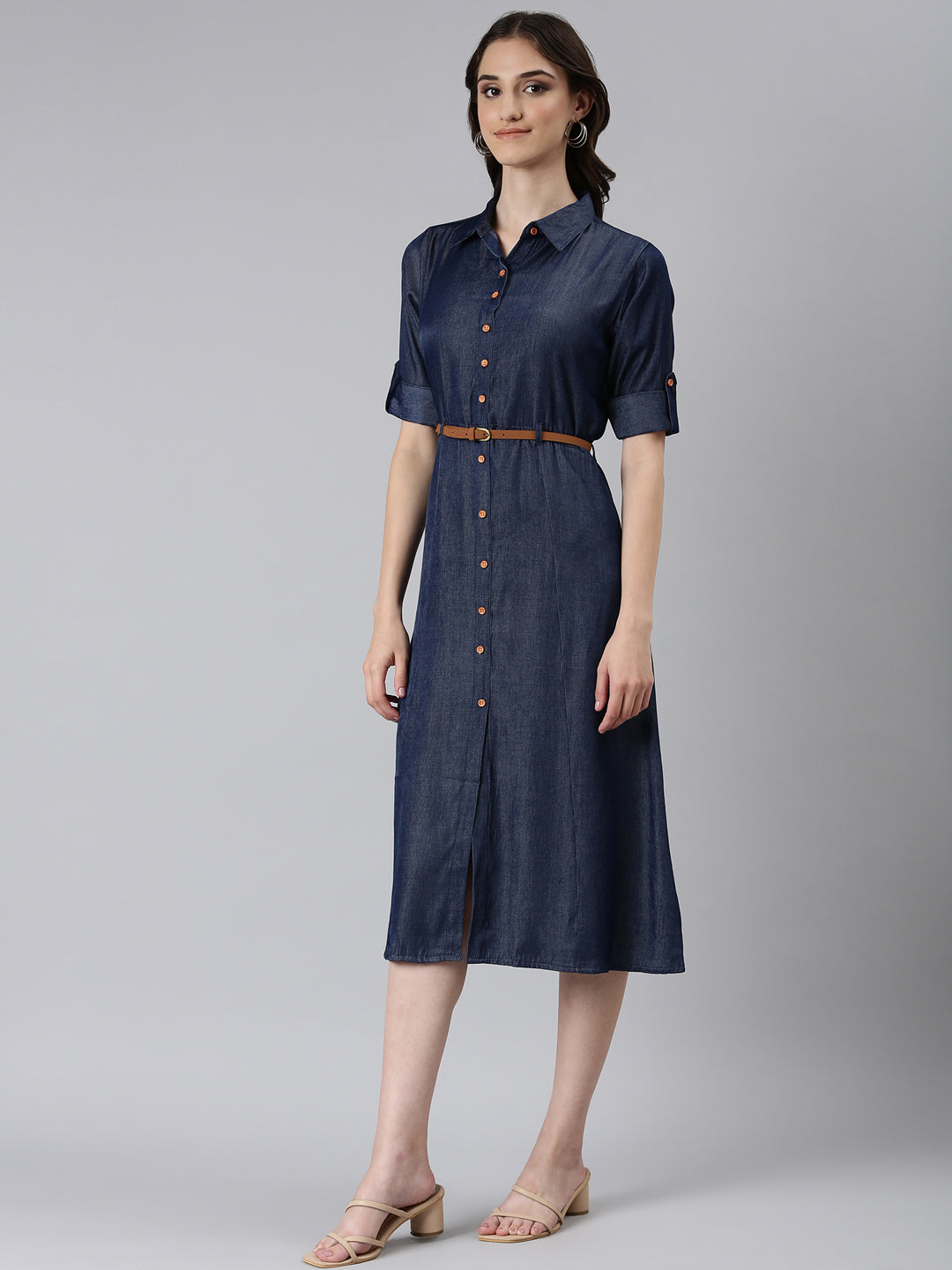 Women's Navy Blue Shirt Collar Roll-Up Sleeves Shirt Dress With Belt