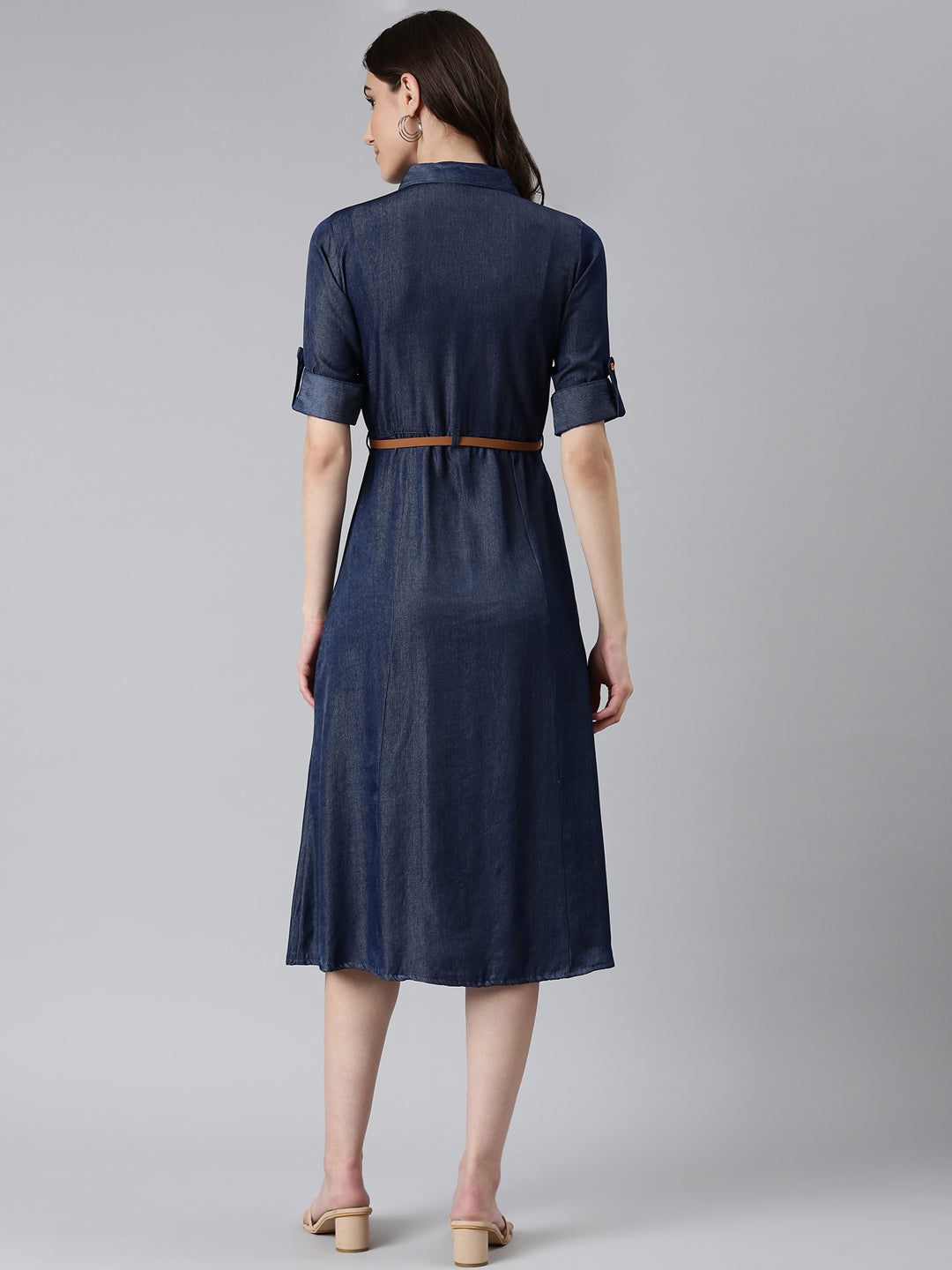 Women's Navy Blue Shirt Collar Roll-Up Sleeves Shirt Dress With Belt