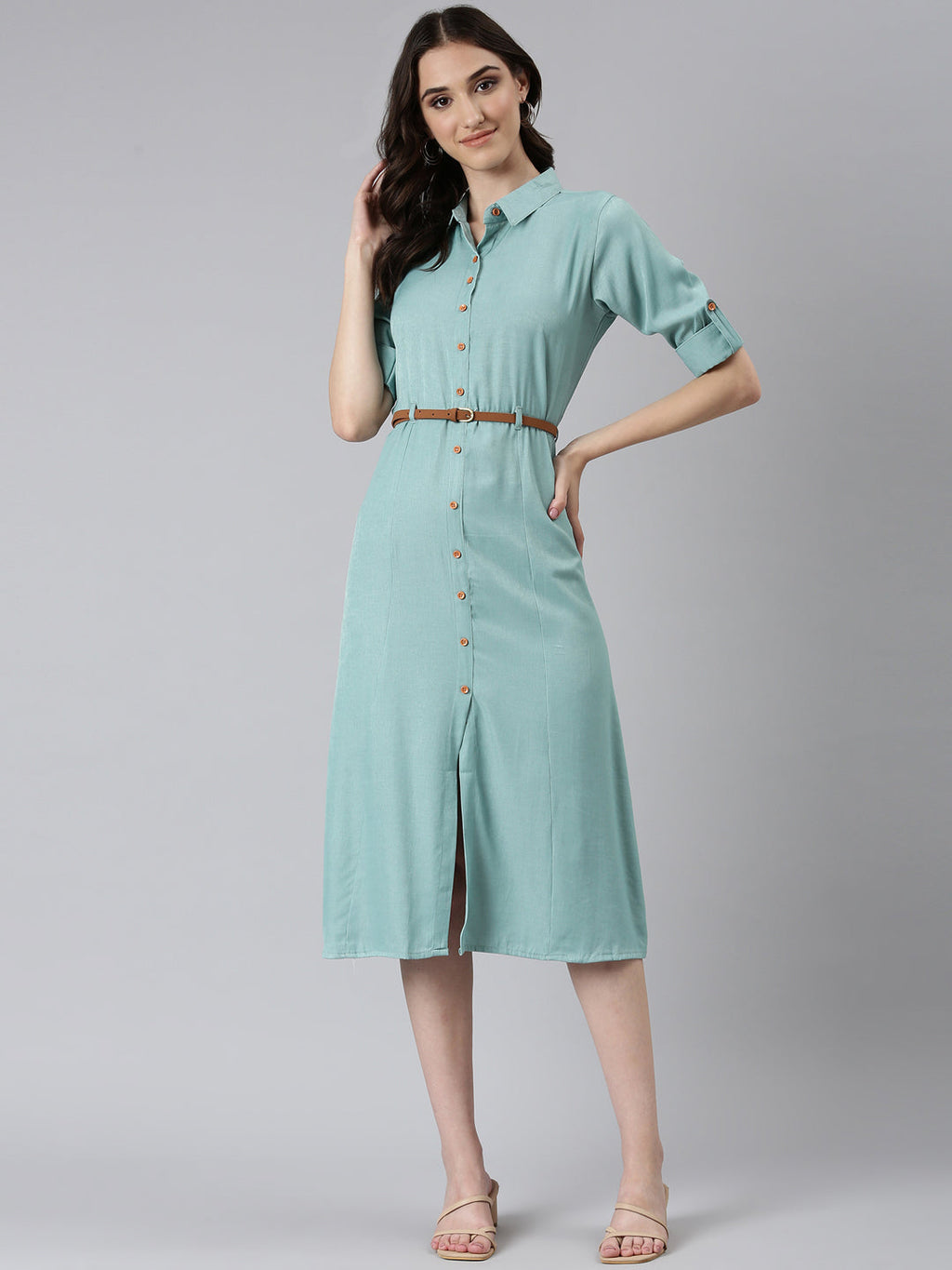 Women's Sea Green Shirt Collar Roll-Up Sleeves Belted Shirt Dress