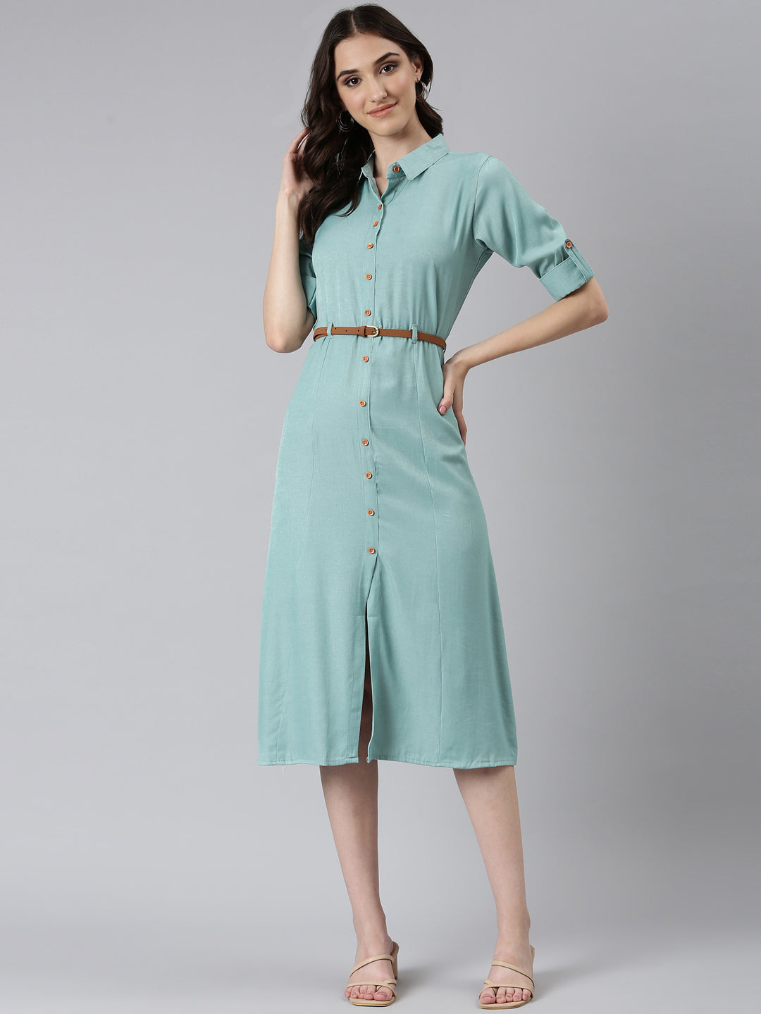 Women's Sea Green Shirt Collar Roll-Up Sleeves Belted Shirt Dress