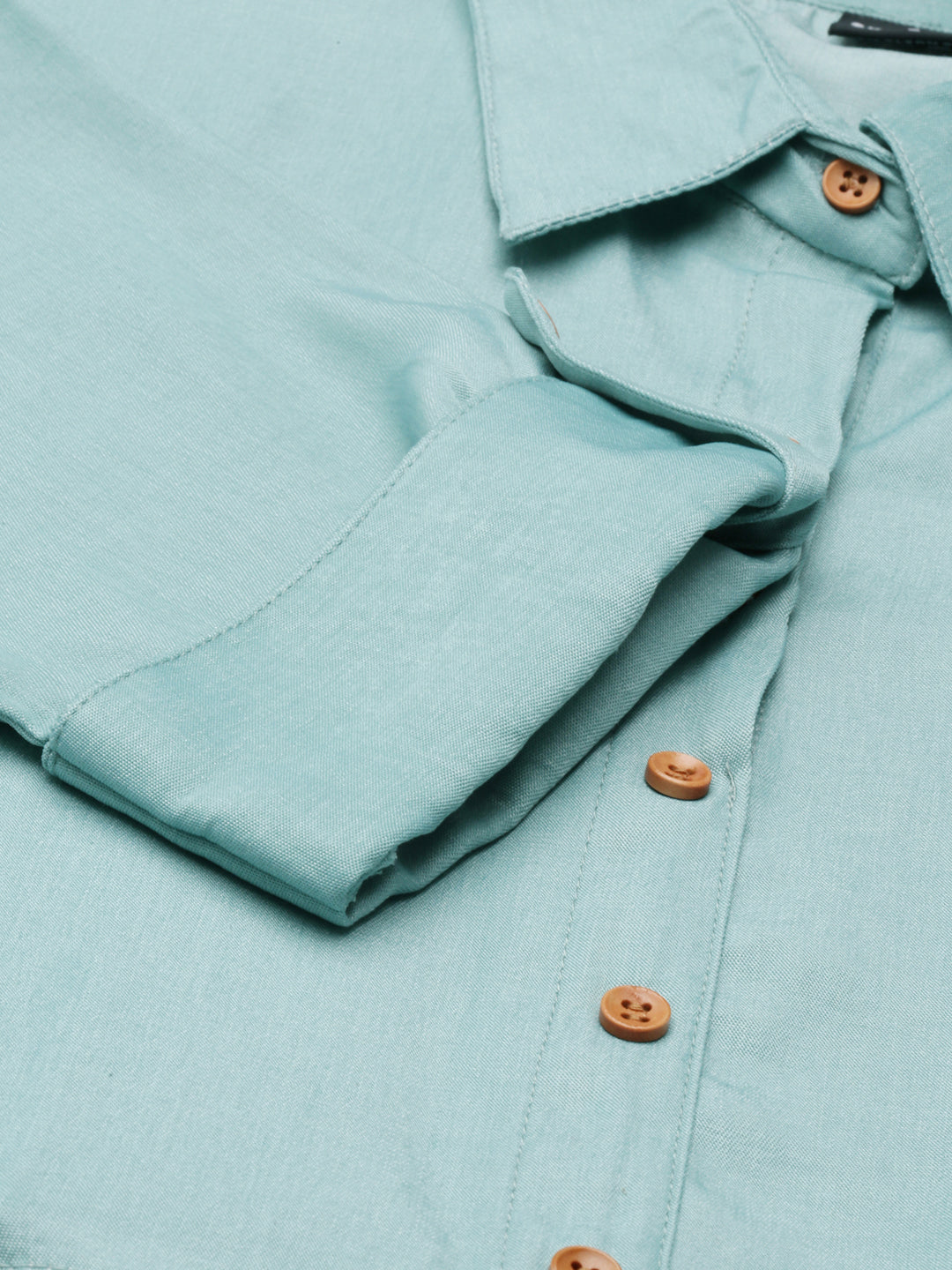 Women's Sea Green Shirt Collar Roll-Up Sleeves Belted Shirt Dress