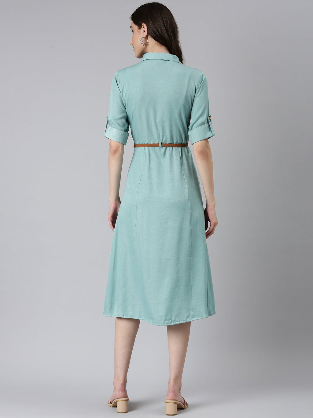 Women's Sea Green Shirt Collar Roll-Up Sleeves Belted Shirt Dress