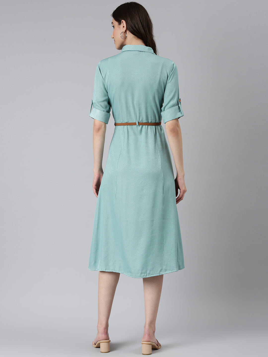 Women's Sea Green Shirt Collar Roll-Up Sleeves Belted Shirt Dress