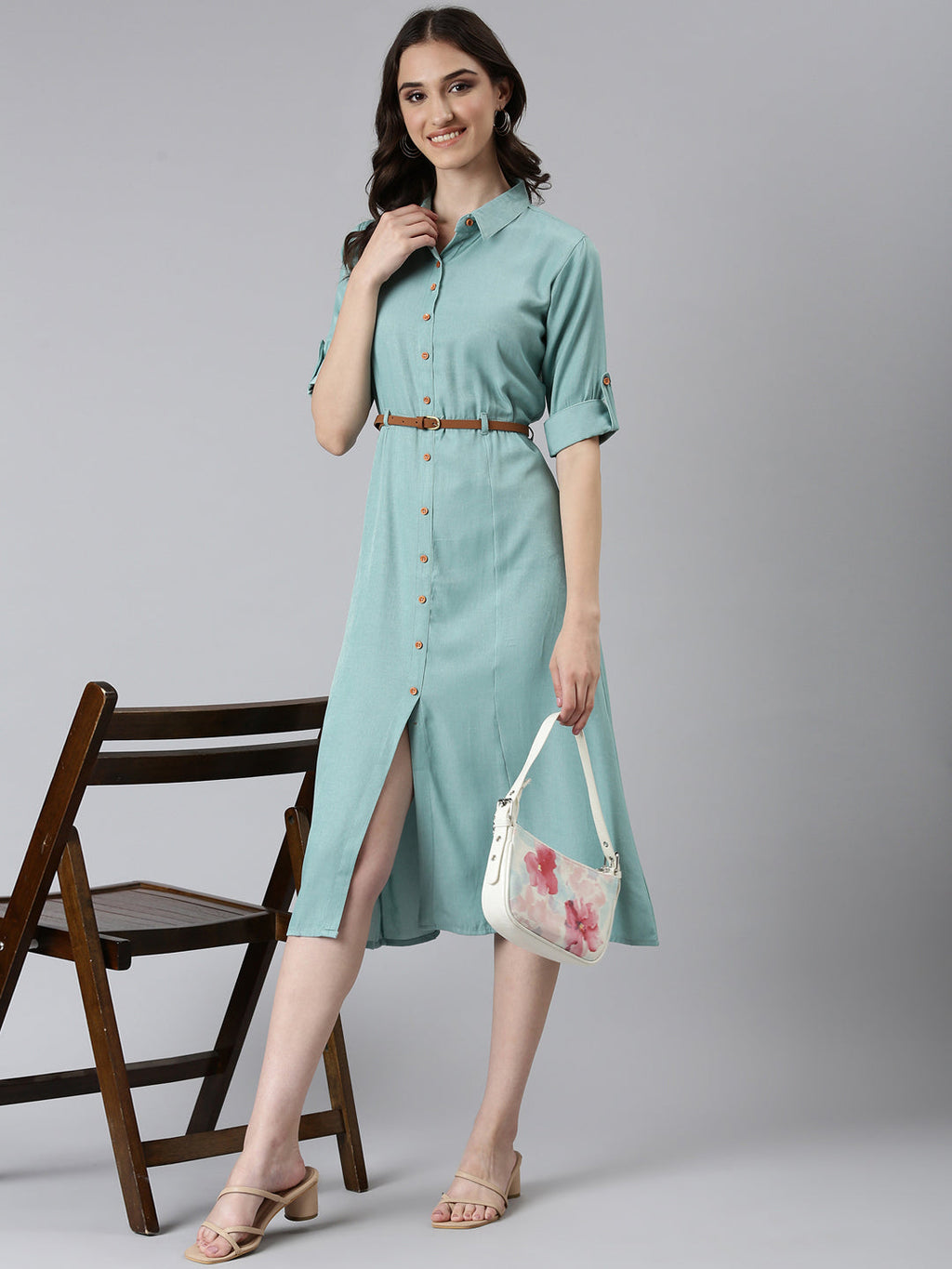 Women's Sea Green Shirt Collar Roll-Up Sleeves Belted Shirt Dress