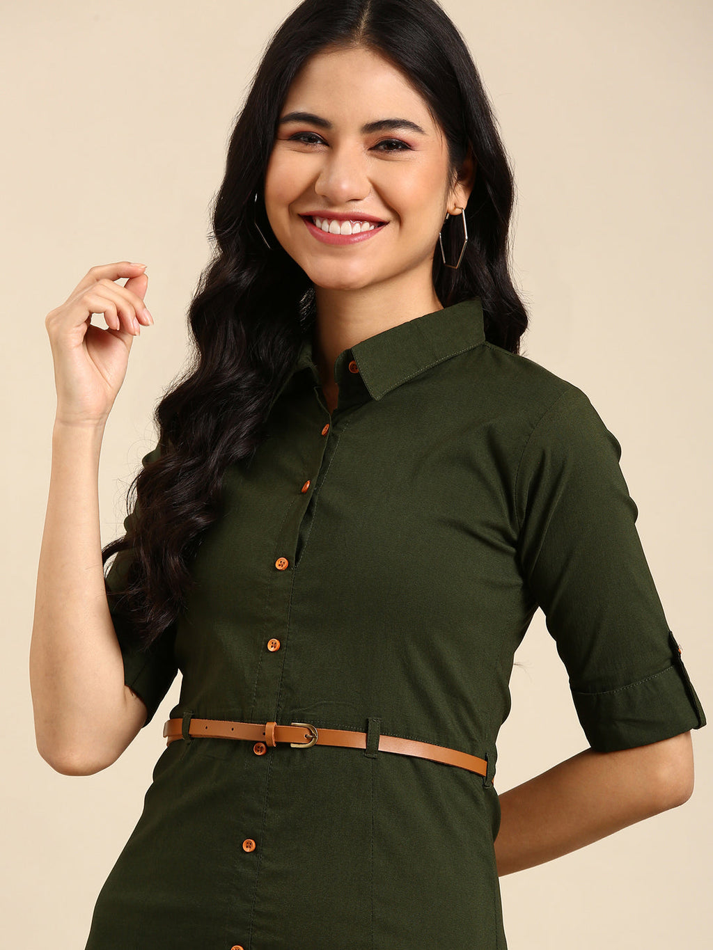 Women's Olive Belted Detail Cotton A-Line Kurta