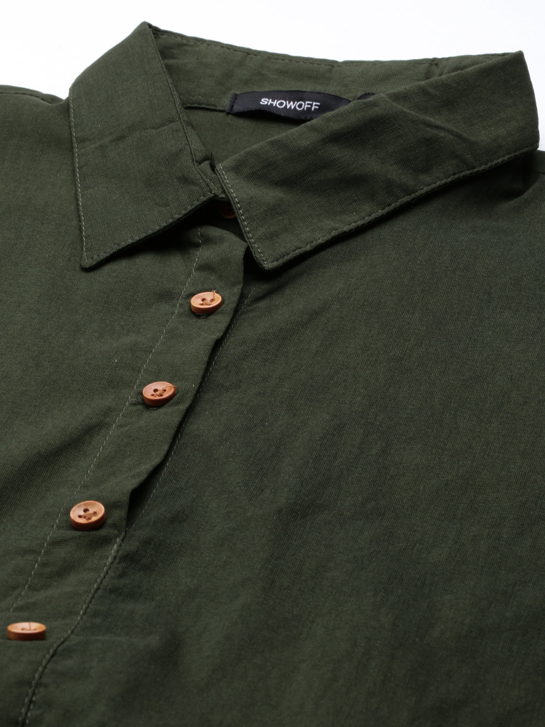 Women's Olive Belted Detail Cotton A-Line Kurta