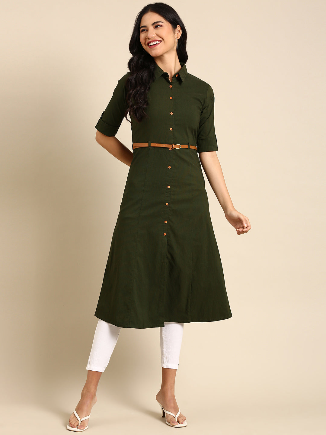 Women's Olive Belted Detail Cotton A-Line Kurta