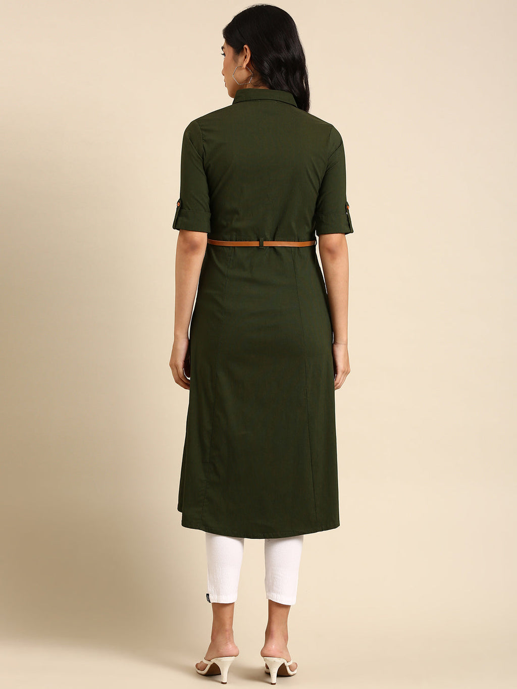Women's Olive Belted Detail Cotton A-Line Kurta