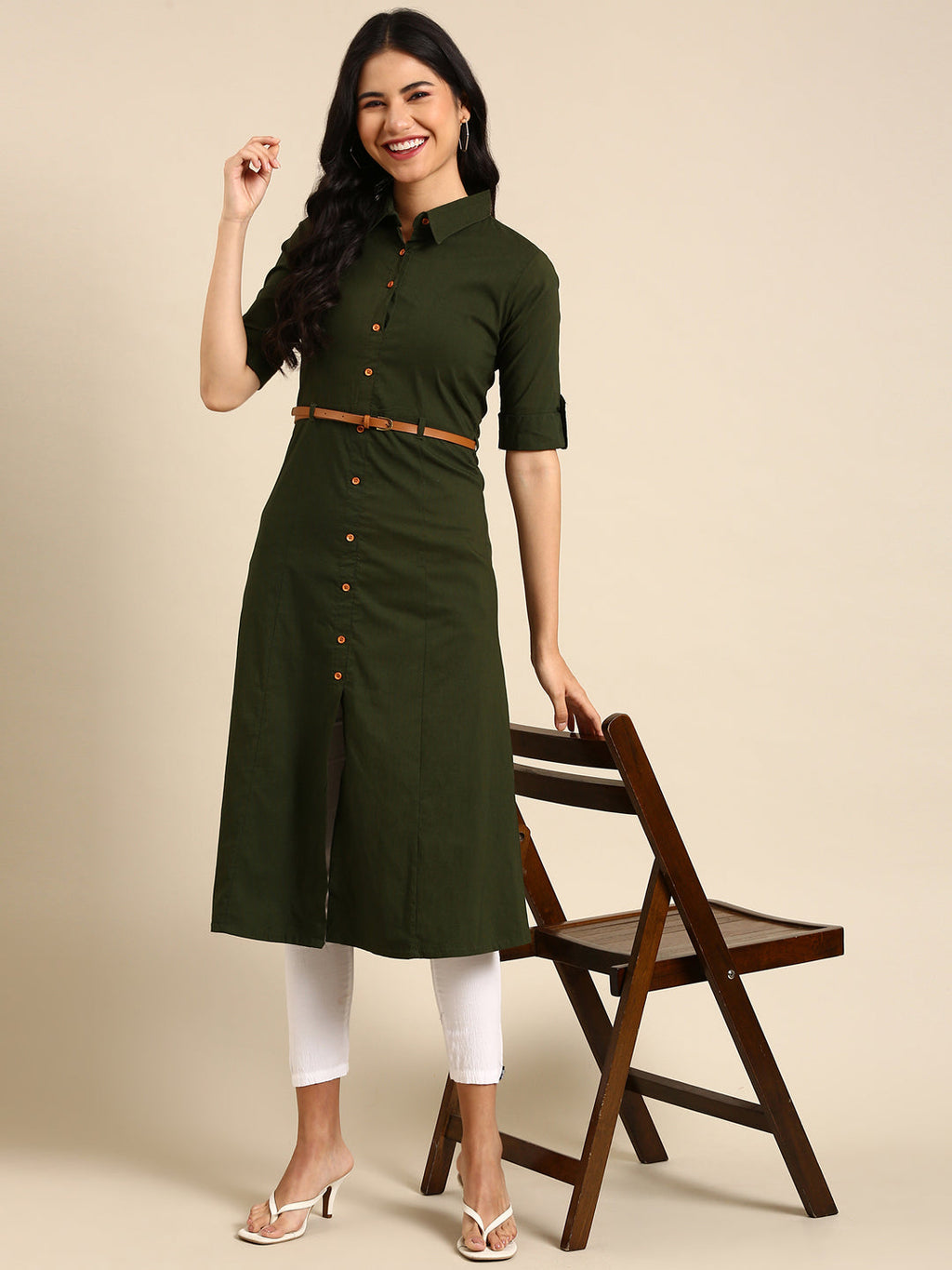Women's Olive Belted Detail Cotton A-Line Kurta