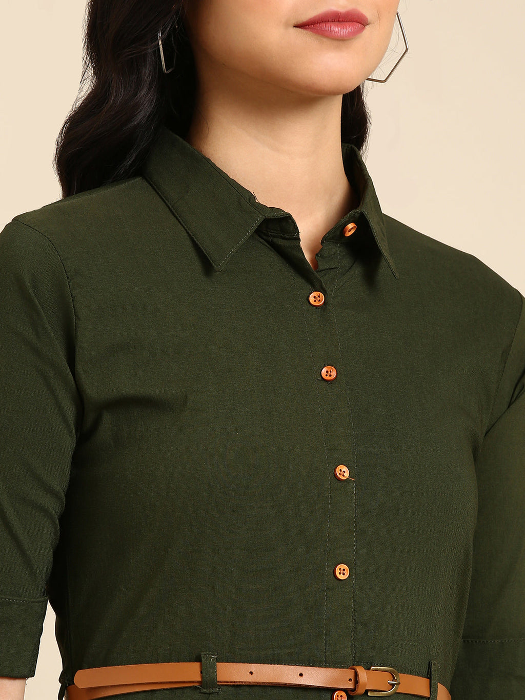 Women's Olive Belted Detail Cotton A-Line Kurta