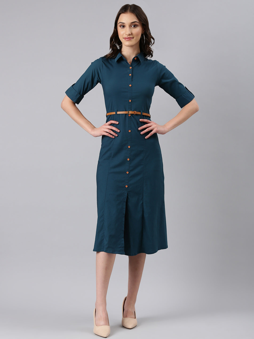 Women's Teal Belted Shirt Style Dress