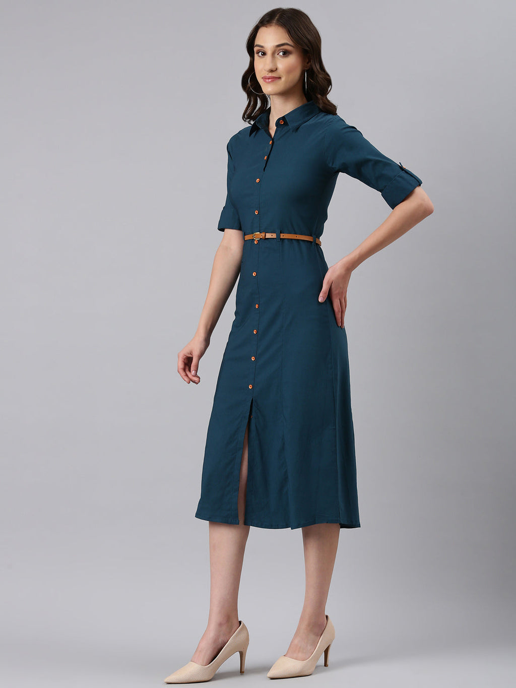 Women's Teal Belted Shirt Style Dress