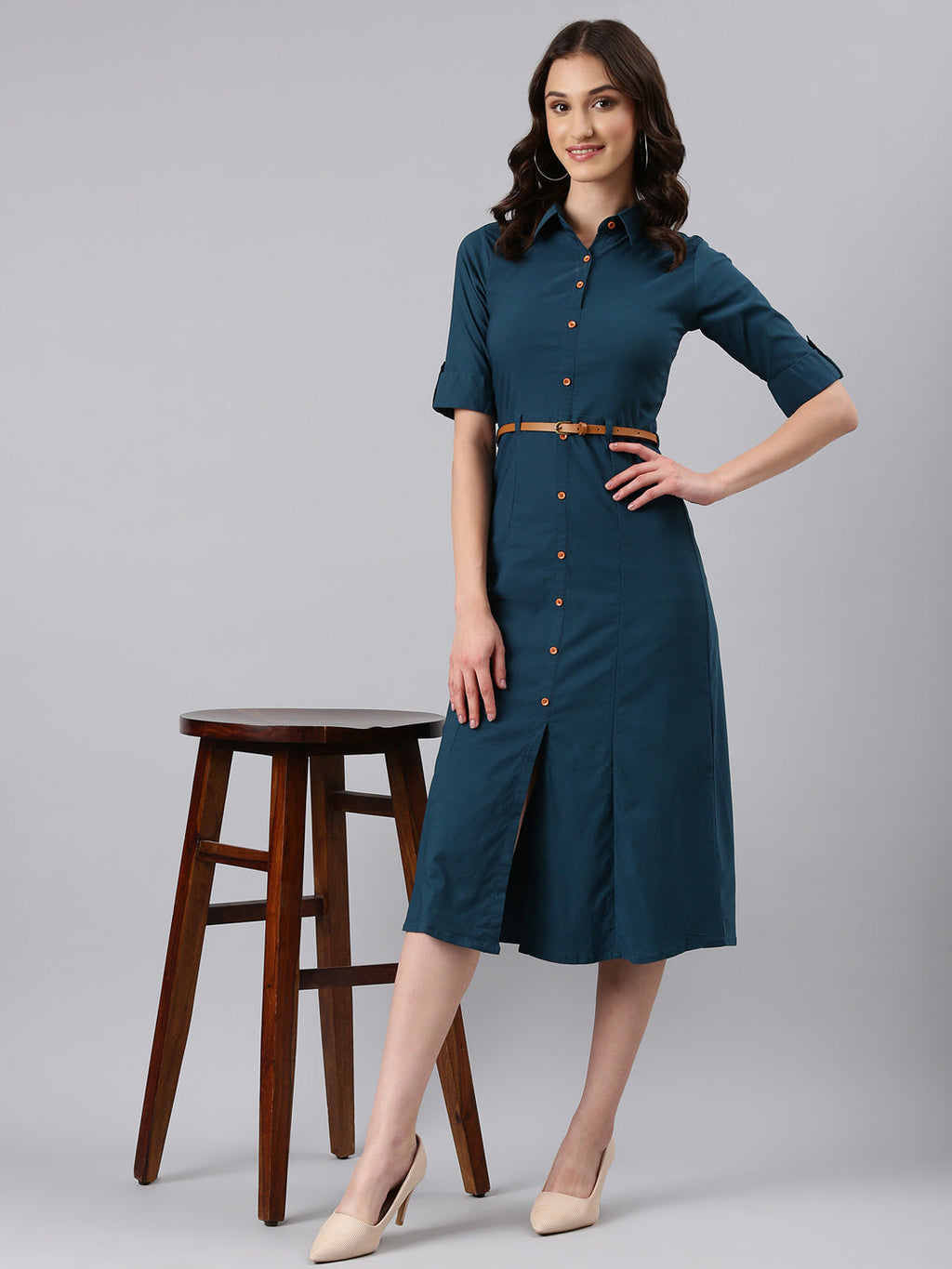 Women's Teal Belted Shirt Style Dress