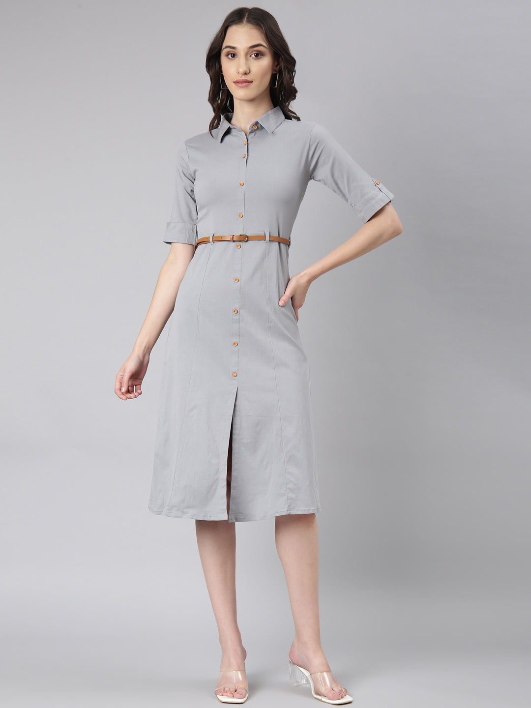 Women's Grey Cotton Roll-Up Sleeves Shirt Dress With Belt