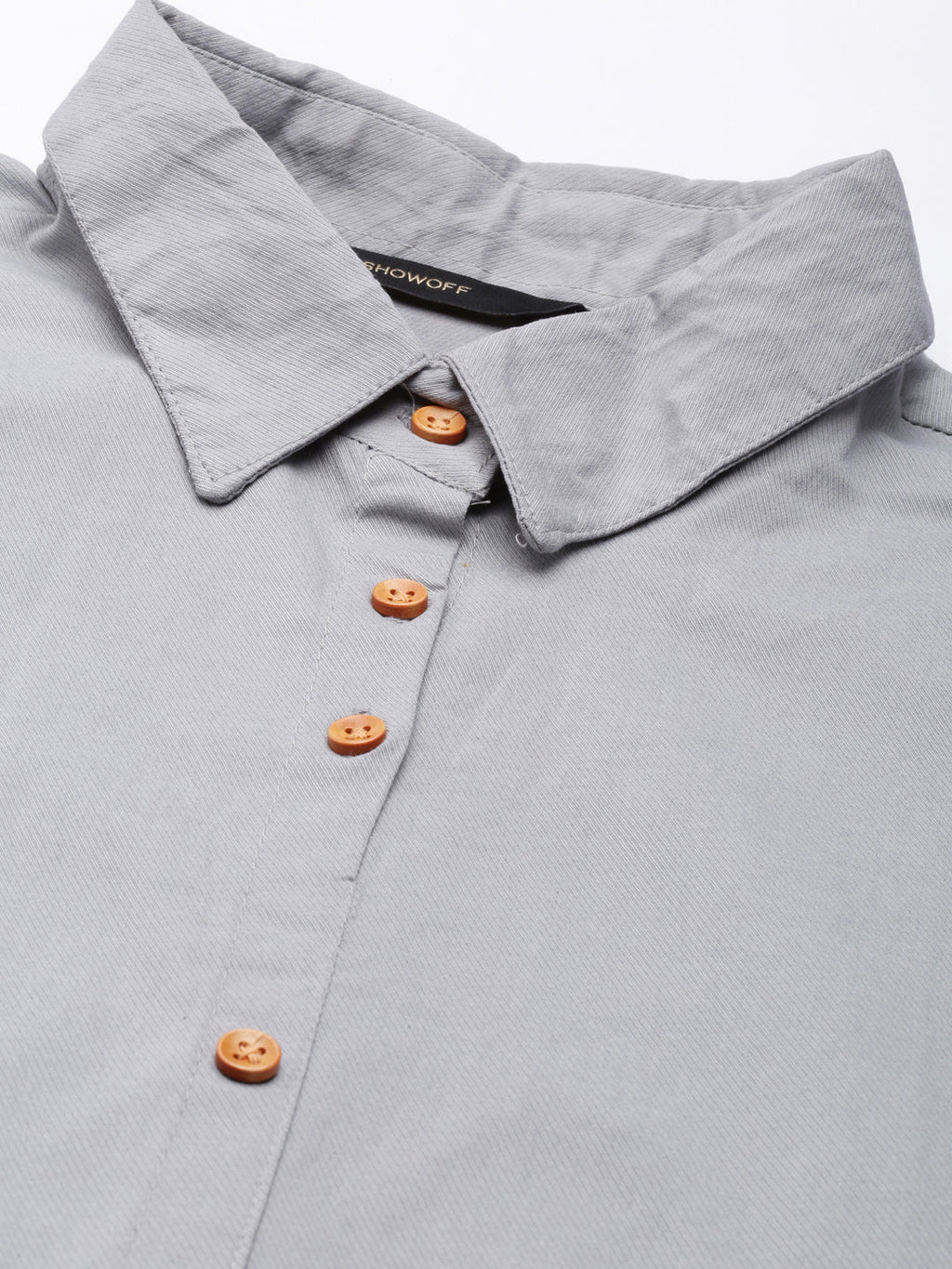 Women's Grey Cotton Roll-Up Sleeves Shirt Dress With Belt