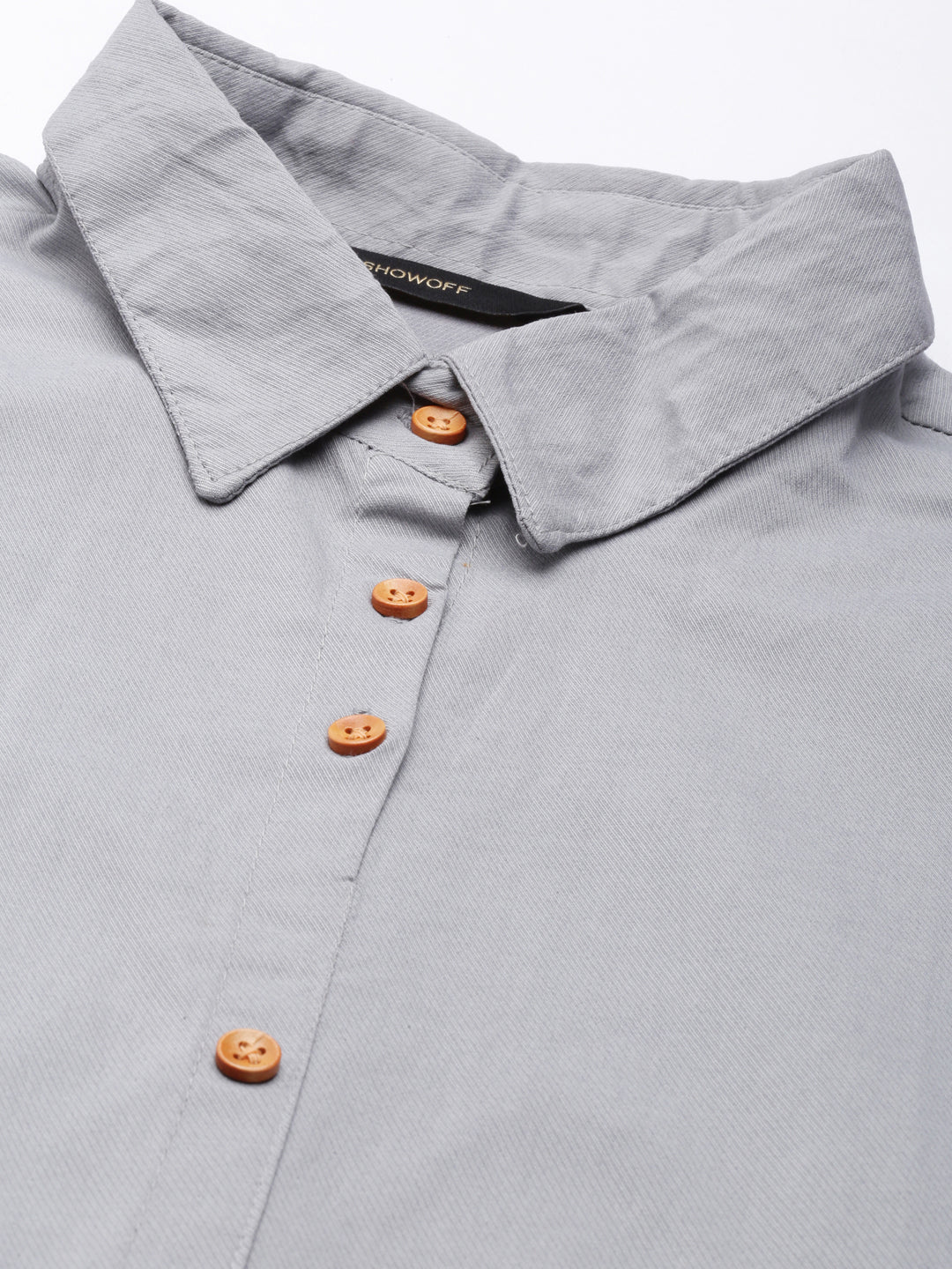 Women's Grey Cotton Roll-Up Sleeves Shirt Dress With Belt