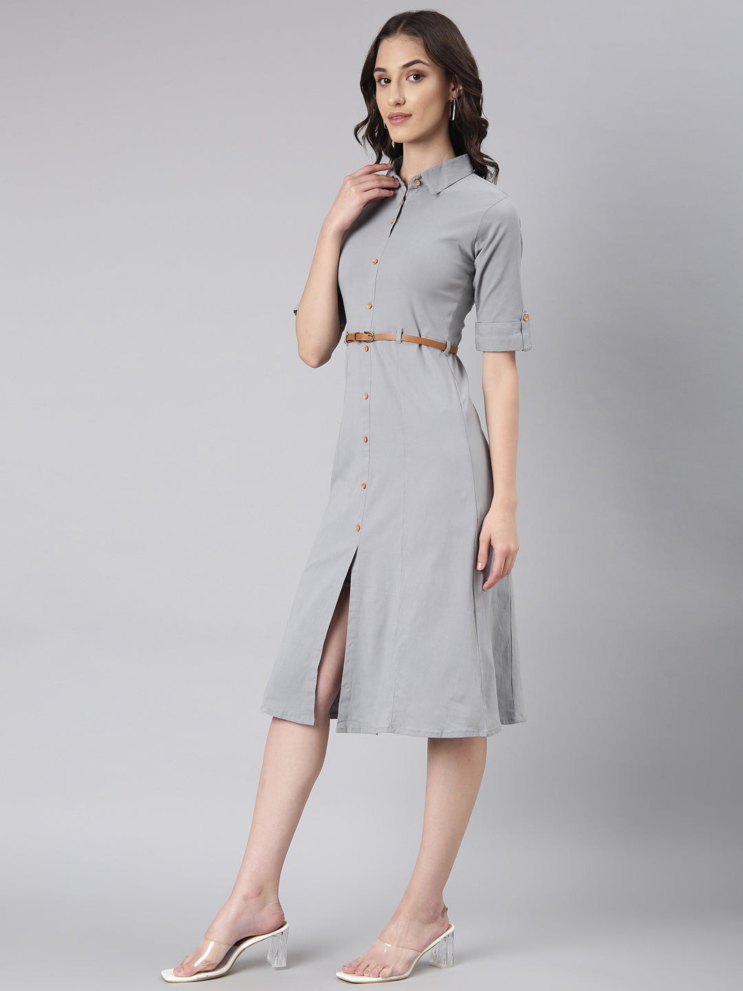 Women's Grey Cotton Roll-Up Sleeves Shirt Dress With Belt