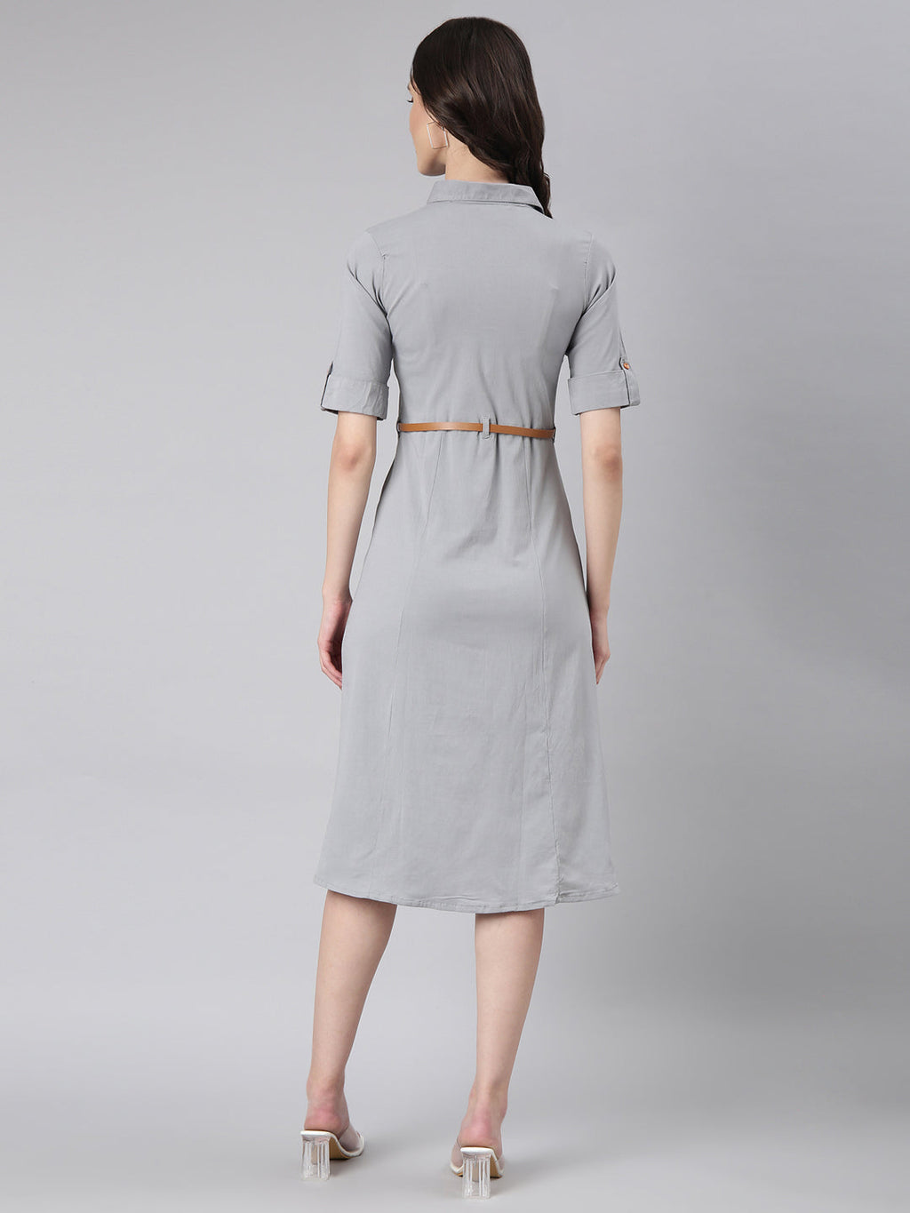 Women's Grey Cotton Roll-Up Sleeves Shirt Dress With Belt