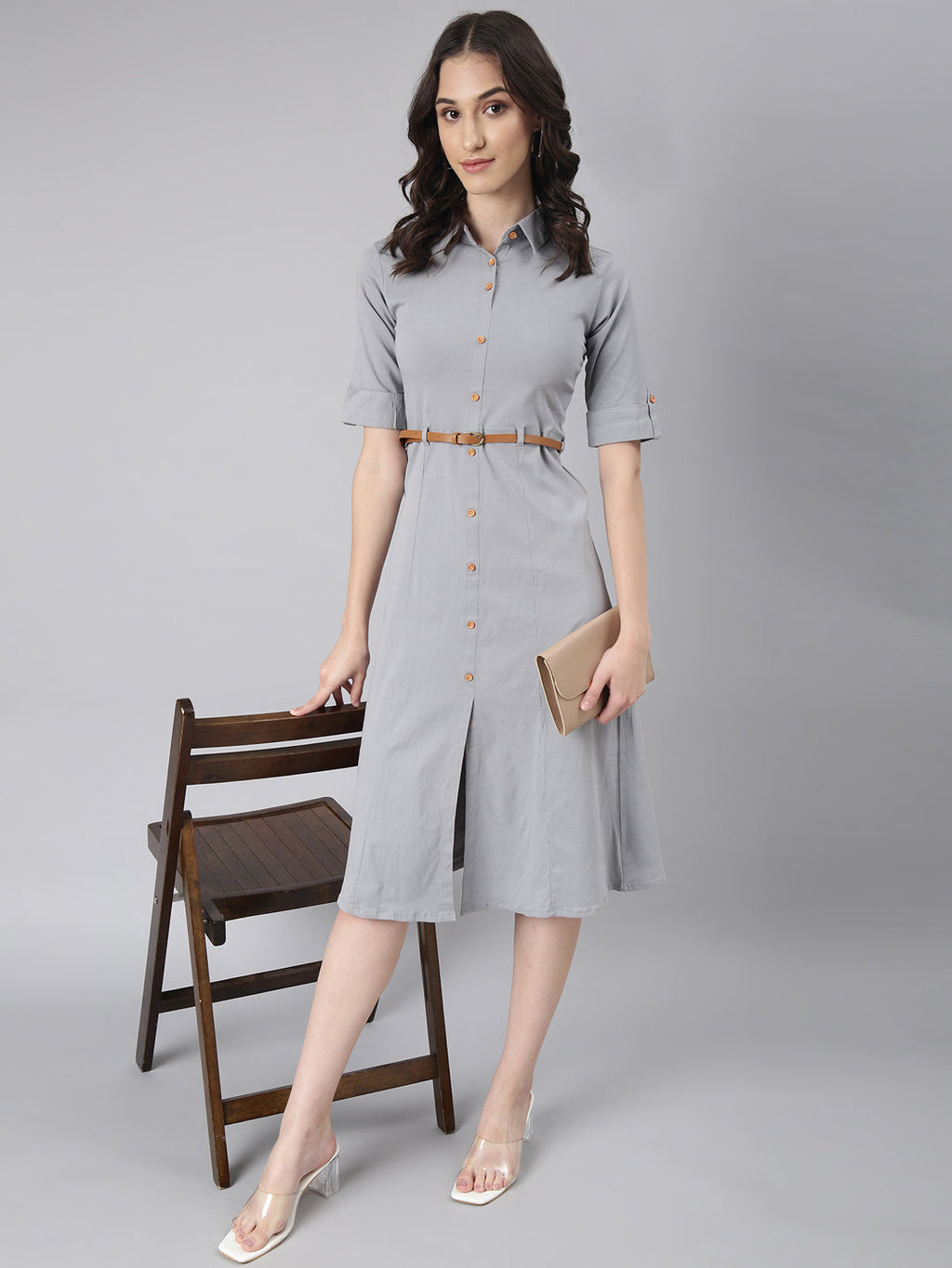 Women's Grey Cotton Roll-Up Sleeves Shirt Dress With Belt