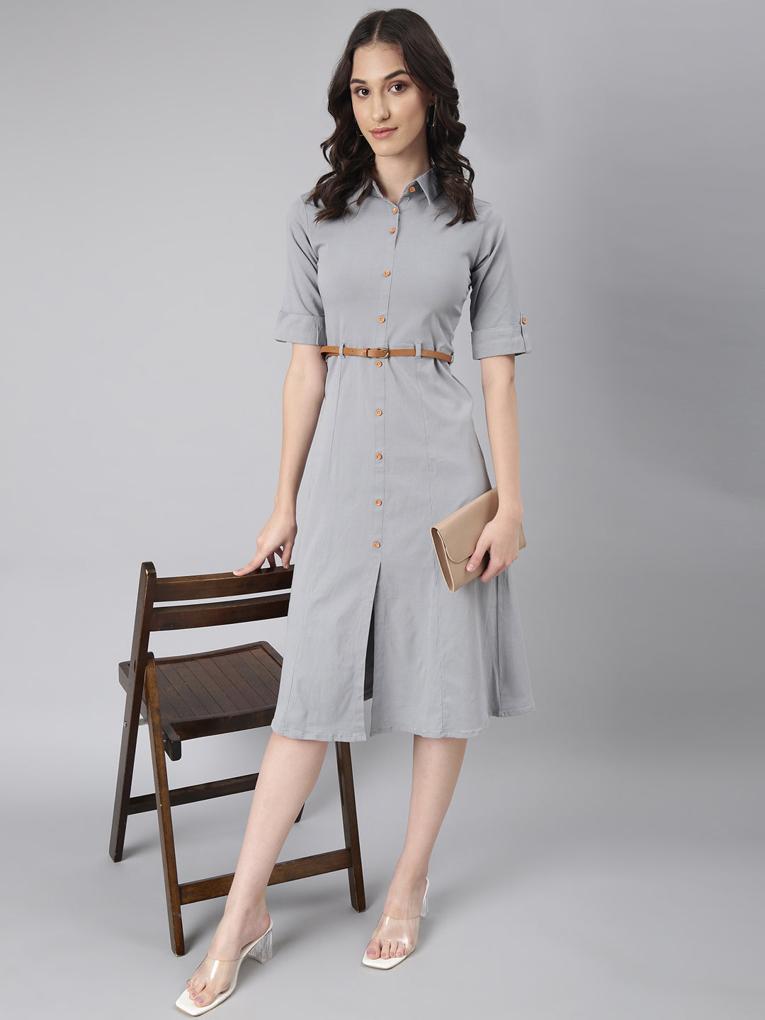 Women's Grey Cotton Roll-Up Sleeves Shirt Dress With Belt