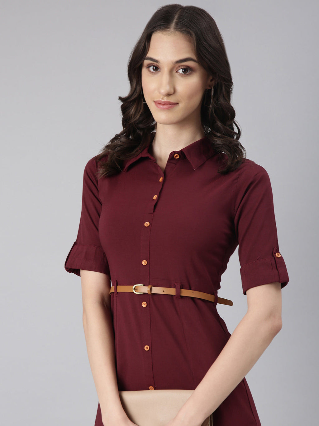 Women's Maroon Belted Shirt Style Dress
