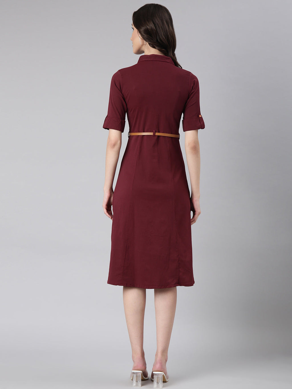 Women's Maroon Belted Shirt Style Dress