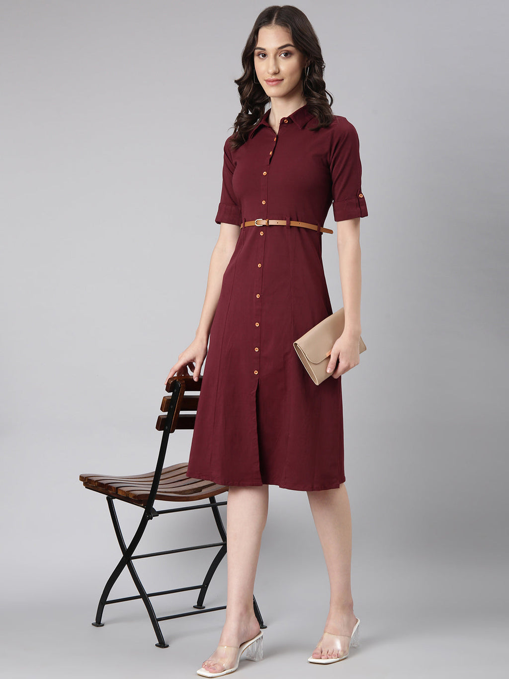 Women's Maroon Belted Shirt Style Dress