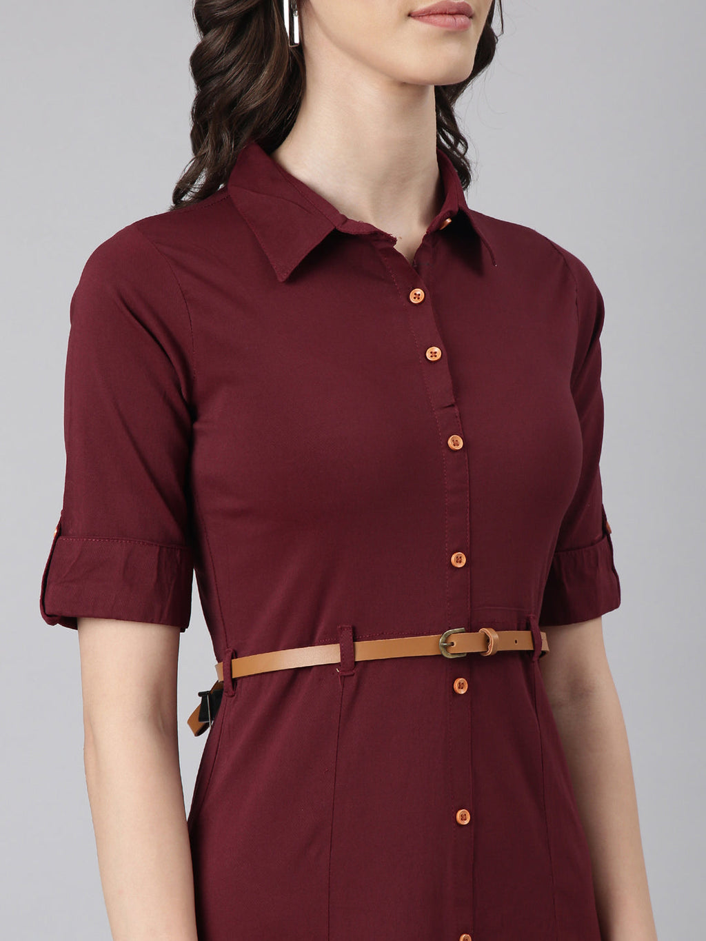 Women's Maroon Belted Shirt Style Dress
