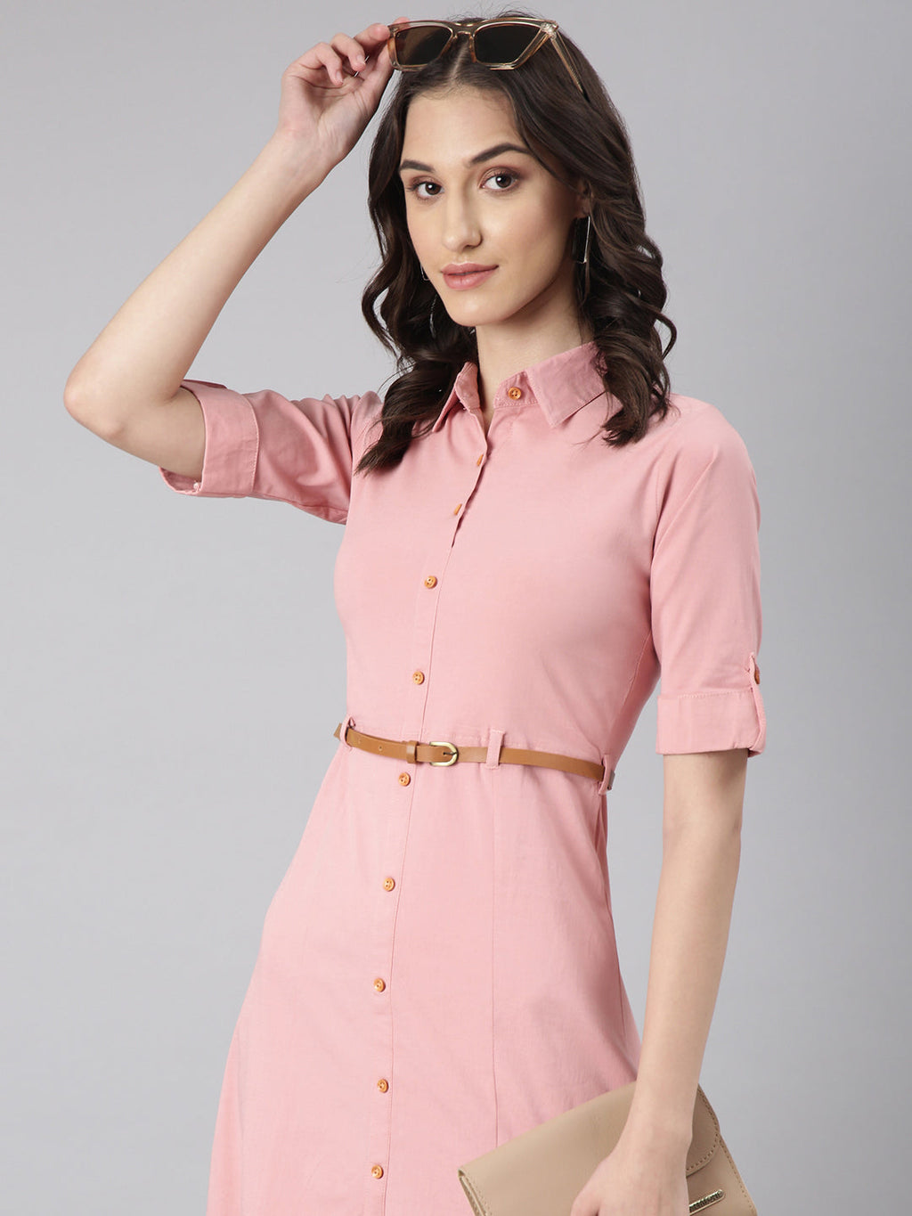 Women's Pink Shirt Collar Short Sleeves Cotton Shirt Dress
