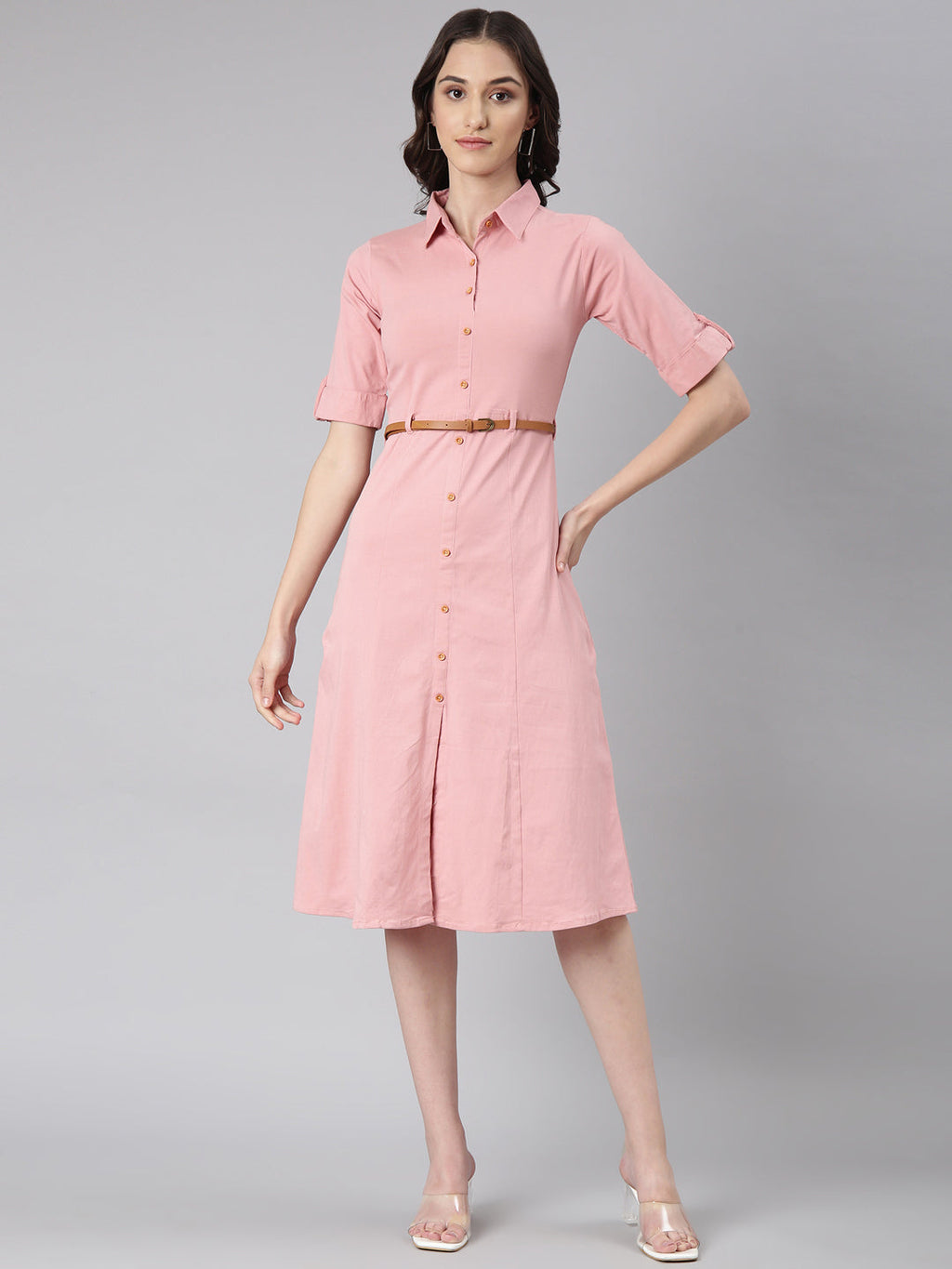 Women's Pink Shirt Collar Short Sleeves Cotton Shirt Dress
