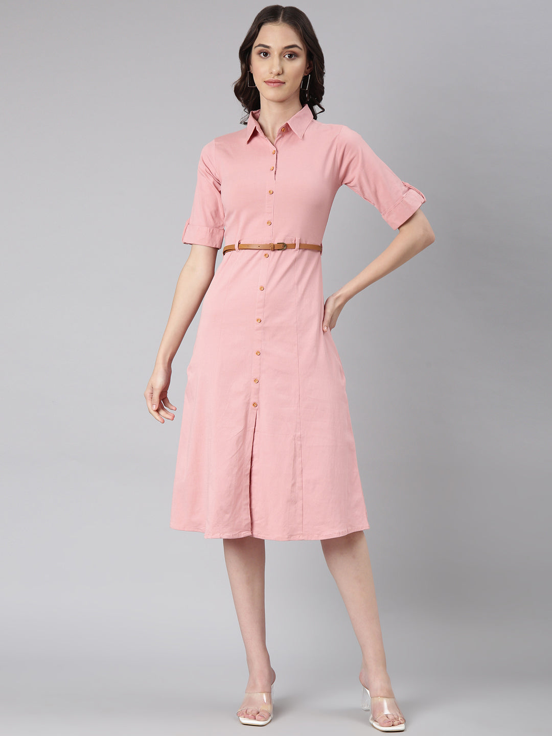 Women's Pink Shirt Collar Short Sleeves Cotton Shirt Dress