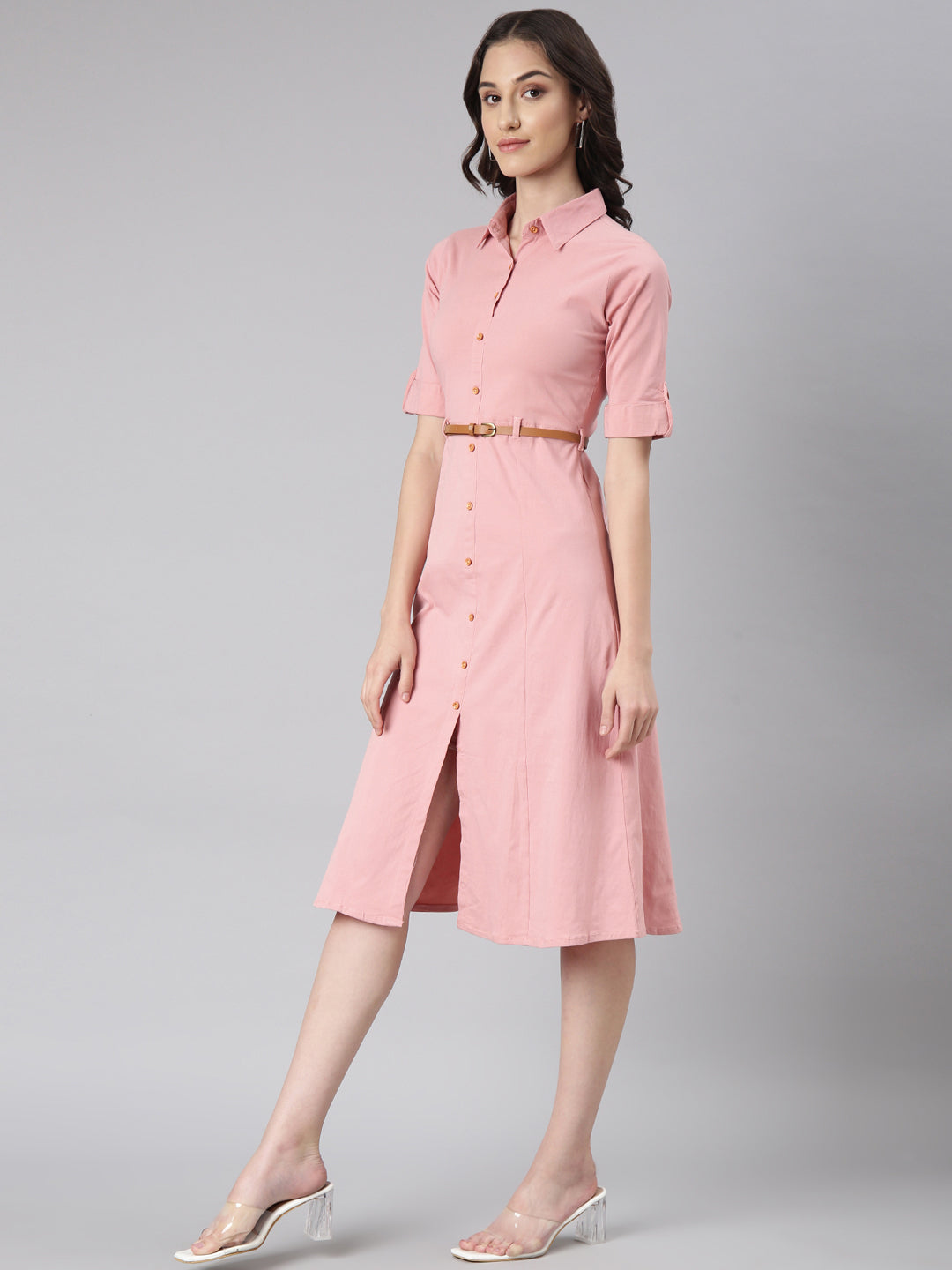 Women's Pink Shirt Collar Short Sleeves Cotton Shirt Dress