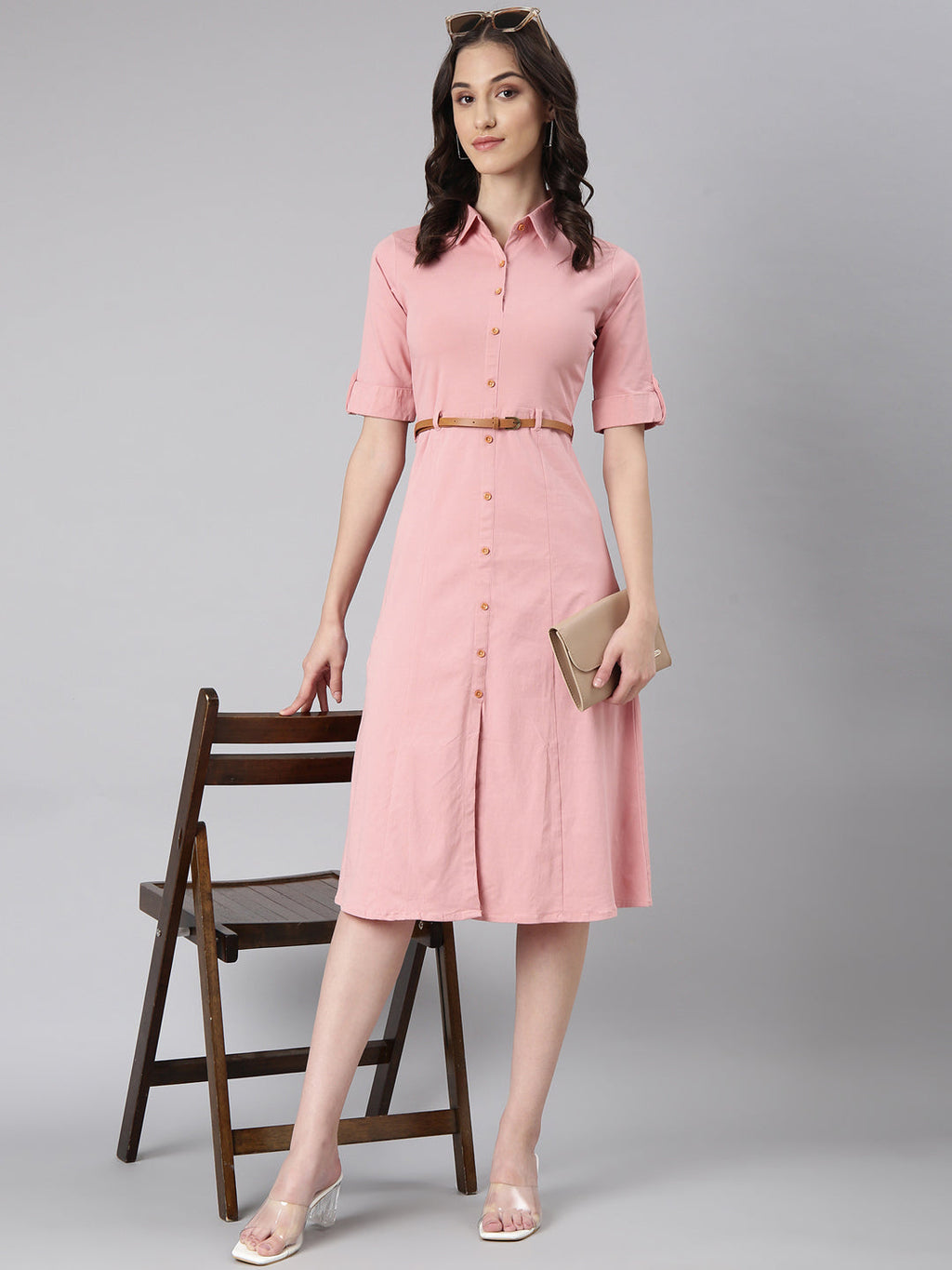 Women's Pink Shirt Collar Short Sleeves Cotton Shirt Dress