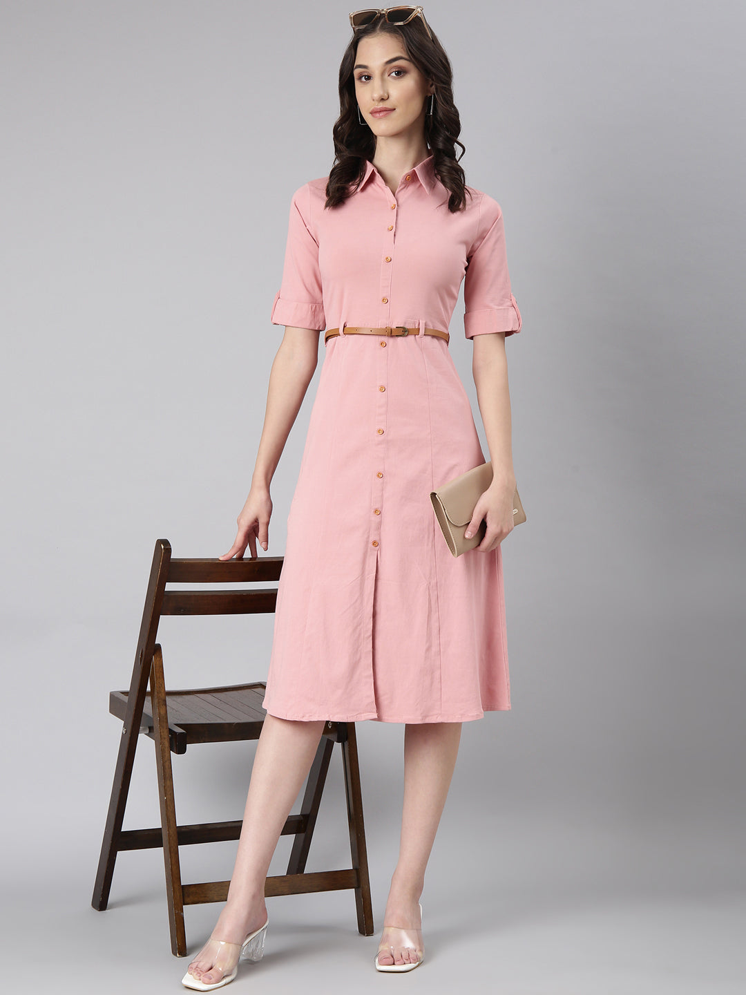 Women's Pink Shirt Collar Short Sleeves Cotton Shirt Dress