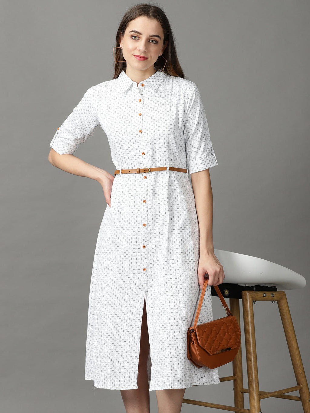 Women's White Belted Roll-Up Sleeves Cotton Shirt Midi Dress