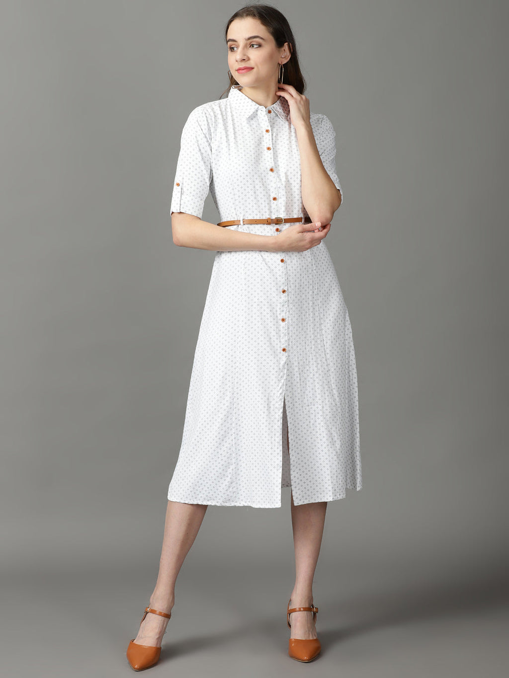 Women's White Belted Roll-Up Sleeves Cotton Shirt Midi Dress