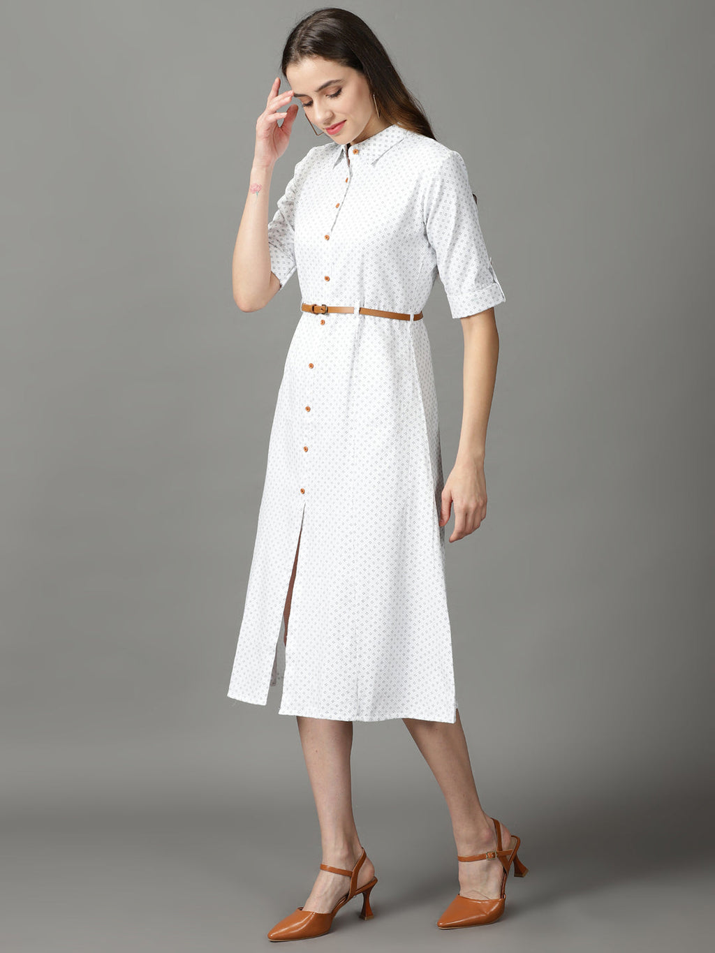 Women's White Belted Roll-Up Sleeves Cotton Shirt Midi Dress