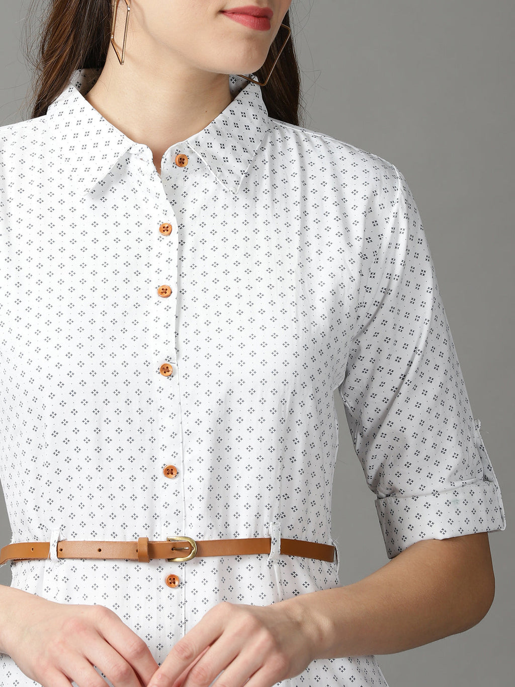 Women's White Belted Roll-Up Sleeves Cotton Shirt Midi Dress