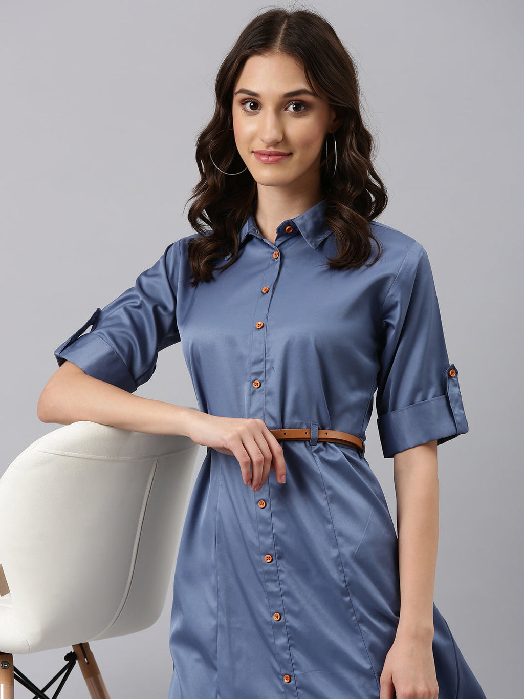 Women's Blue Roll-Up Sleeves Shirt Collar Satin Belted Shirt Midi Dress