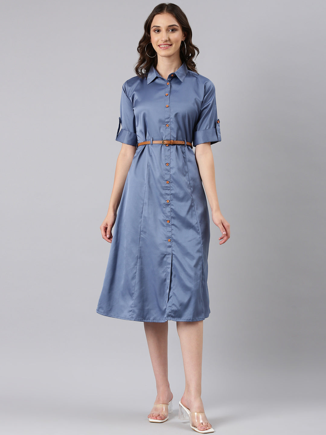 Women's Blue Roll-Up Sleeves Shirt Collar Satin Belted Shirt Midi Dress