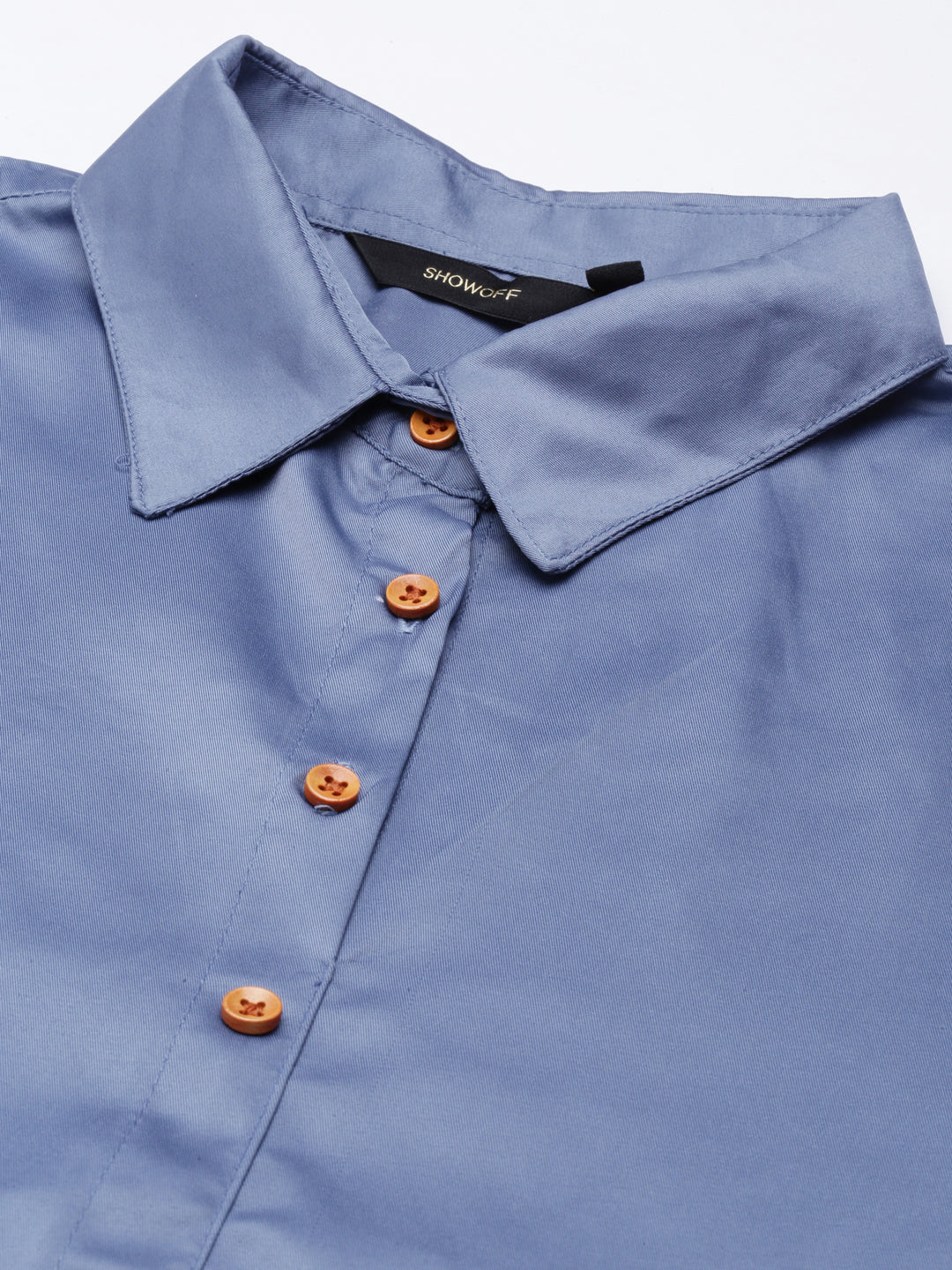 Women's Blue Roll-Up Sleeves Shirt Collar Satin Belted Shirt Midi Dress