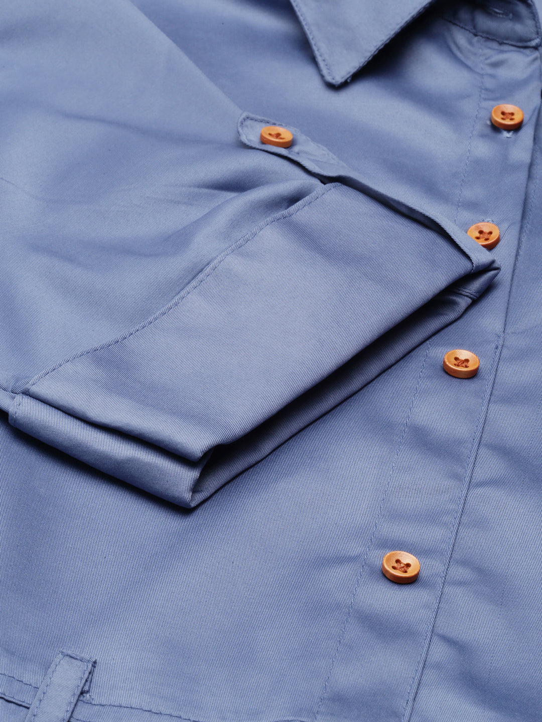 Women's Blue Roll-Up Sleeves Shirt Collar Satin Belted Shirt Midi Dress