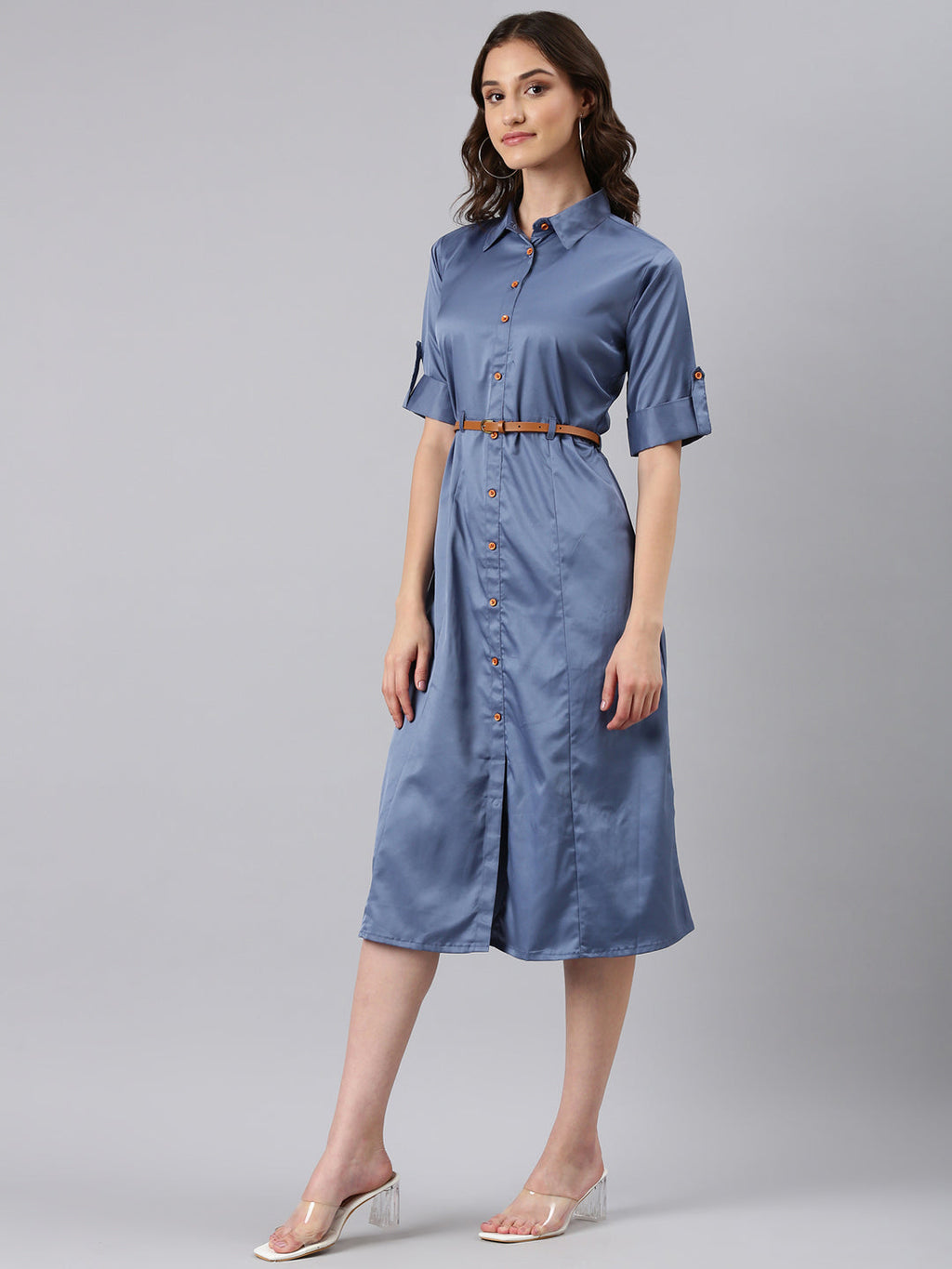 Women's Blue Roll-Up Sleeves Shirt Collar Satin Belted Shirt Midi Dress