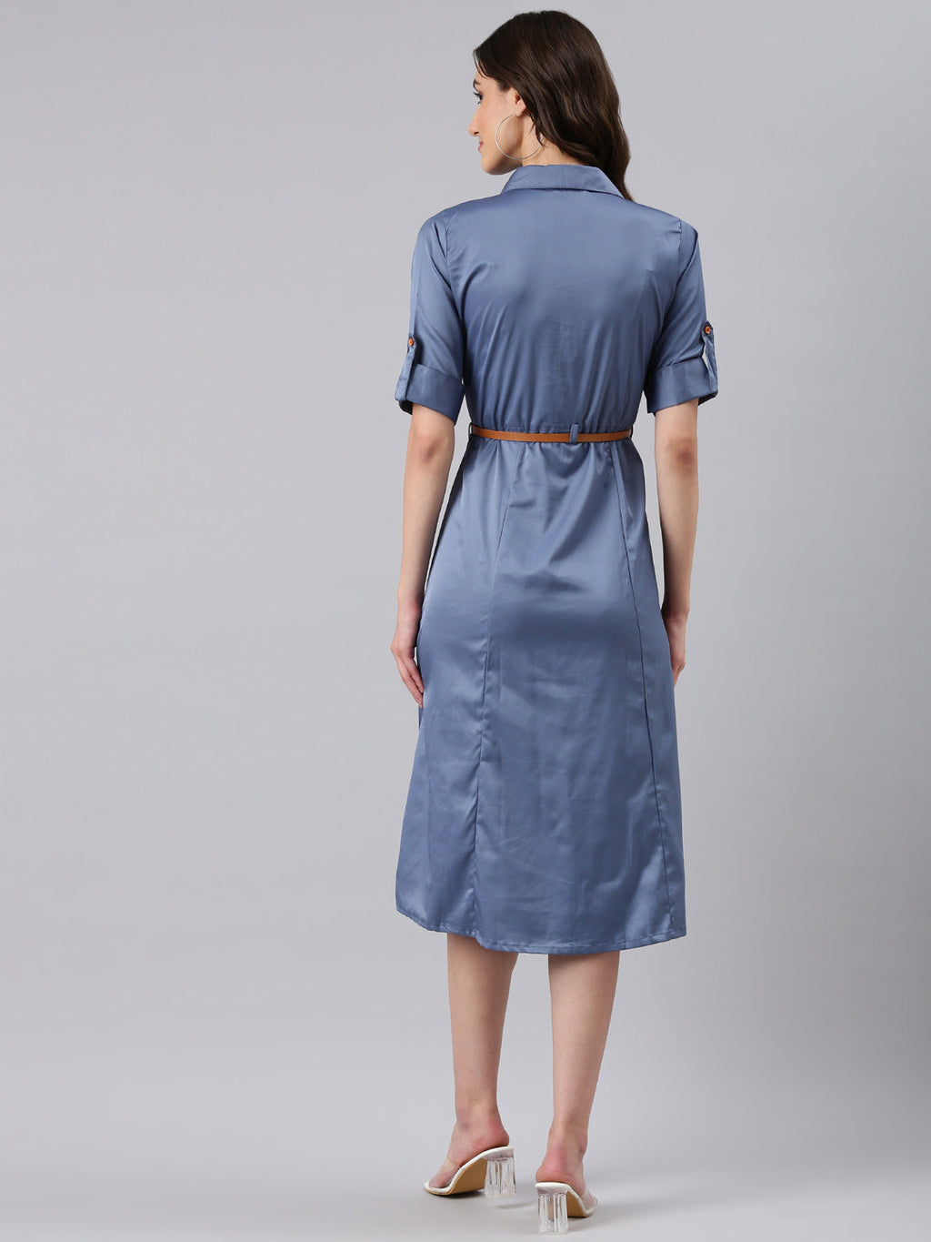 Women's Blue Roll-Up Sleeves Shirt Collar Satin Belted Shirt Midi Dress