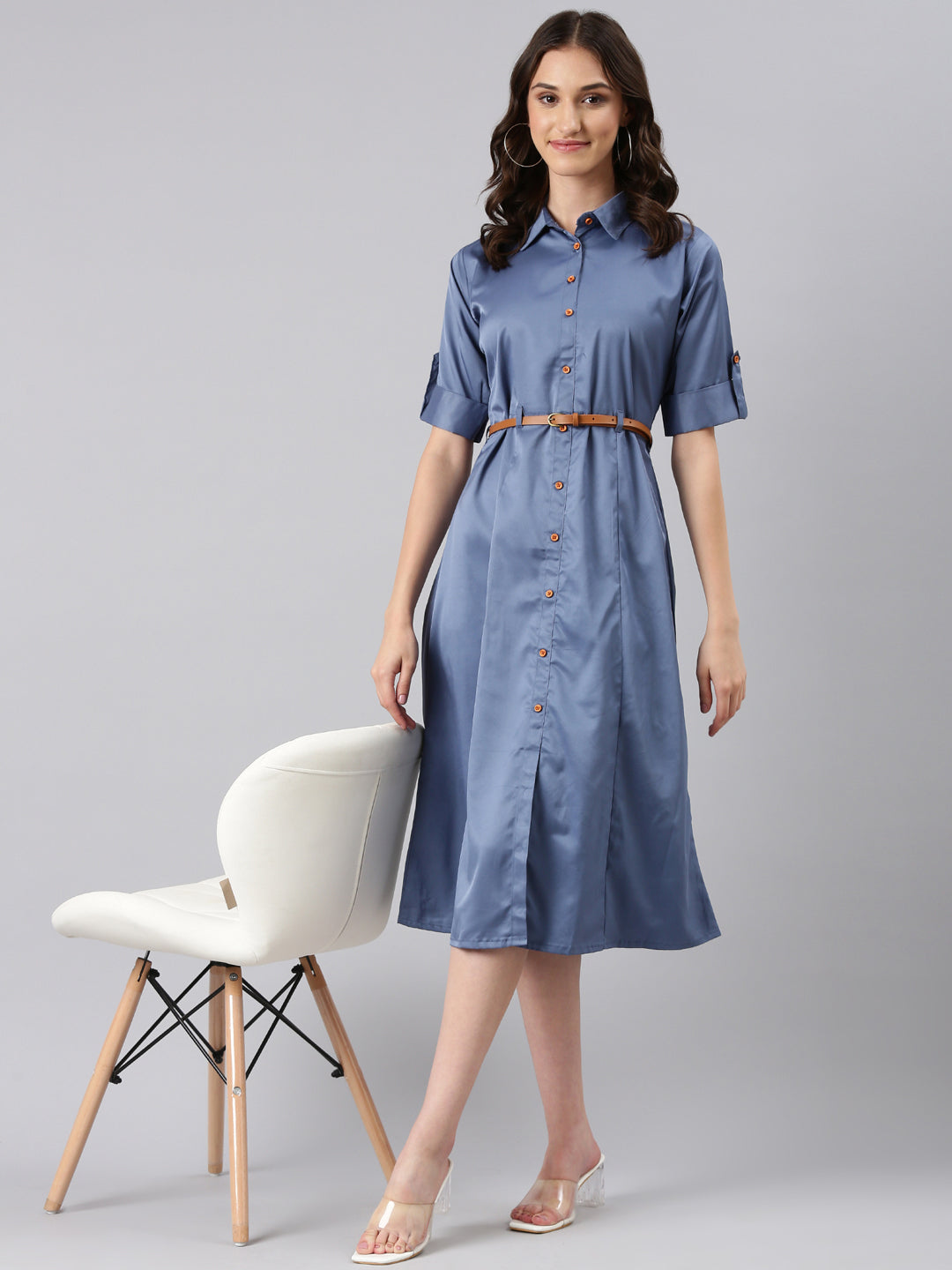 Women's Blue Roll-Up Sleeves Shirt Collar Satin Belted Shirt Midi Dress