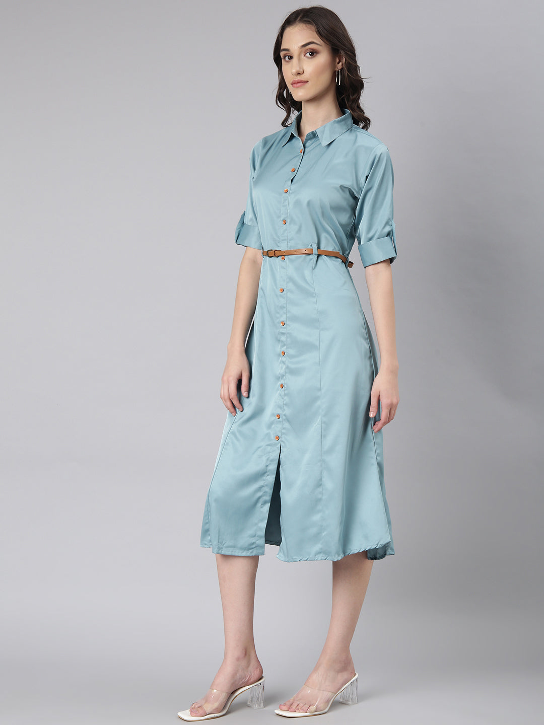Women's Teal Satin Shirt Dress