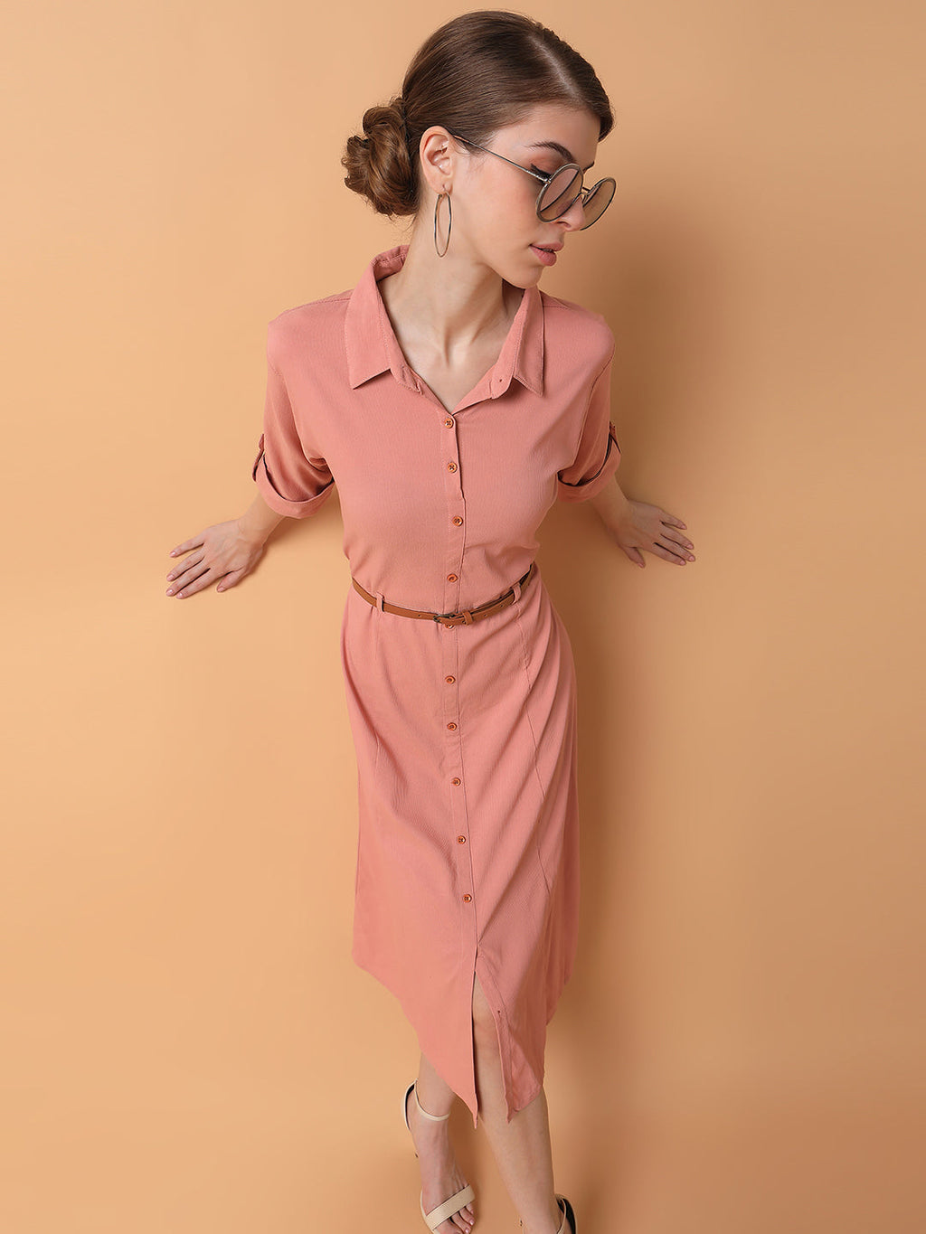 Women's Solid Peach Midi A-Line Dress with Belt