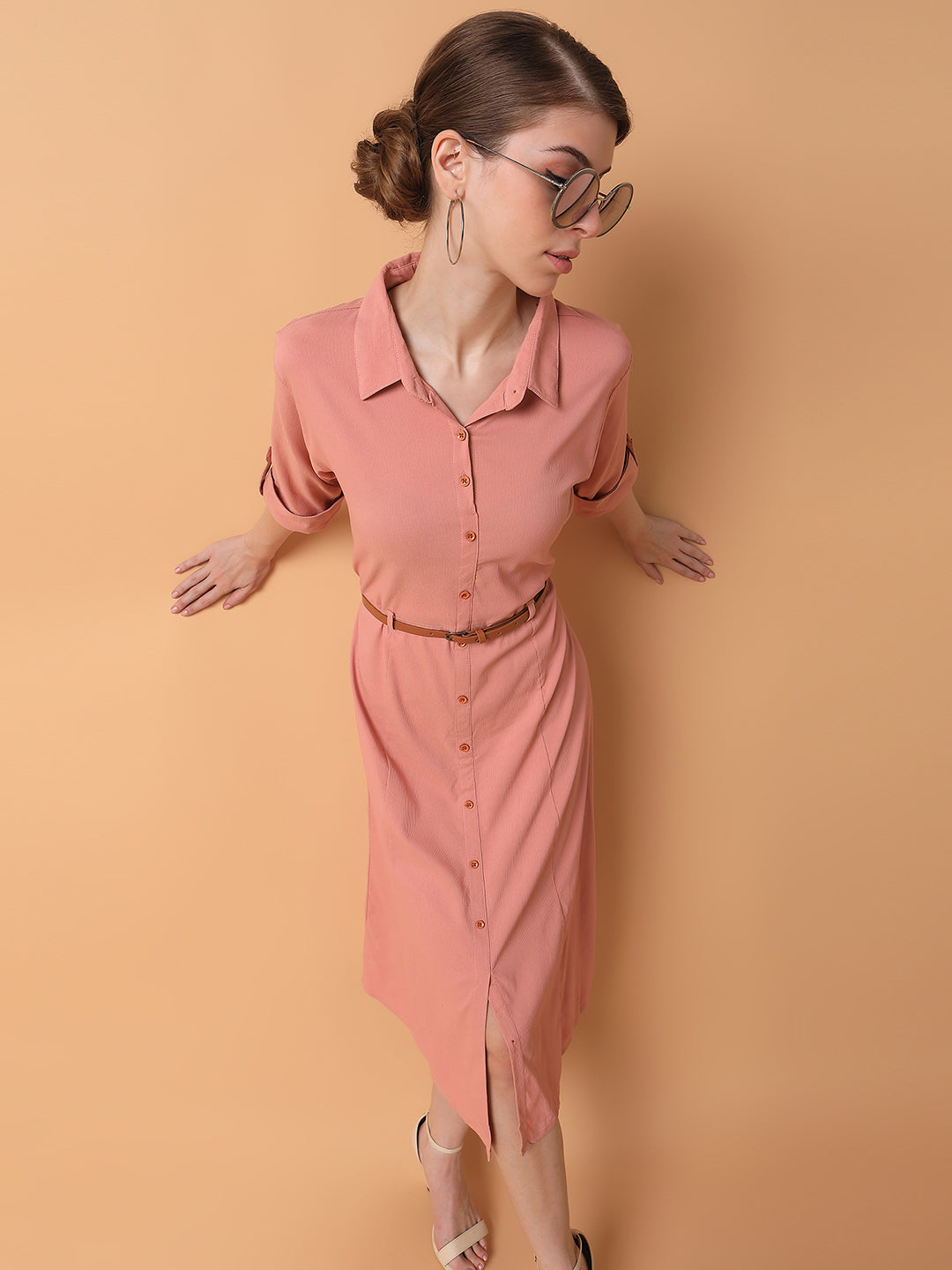 Women's Solid Peach Midi A-Line Dress with Belt