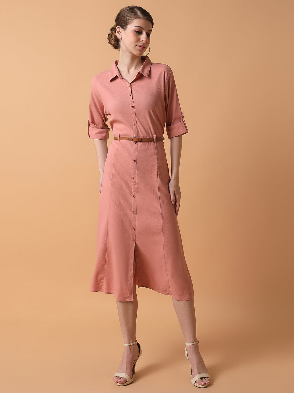Women's Solid Peach Midi A-Line Dress with Belt